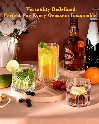 Miniatura 5 de Arch Design - Juego de 8 vasos altos de 15 onzas y 8 onzas, cristalería acanalada, tazas para cocina, cristalería vintage para whisky, cerveza,