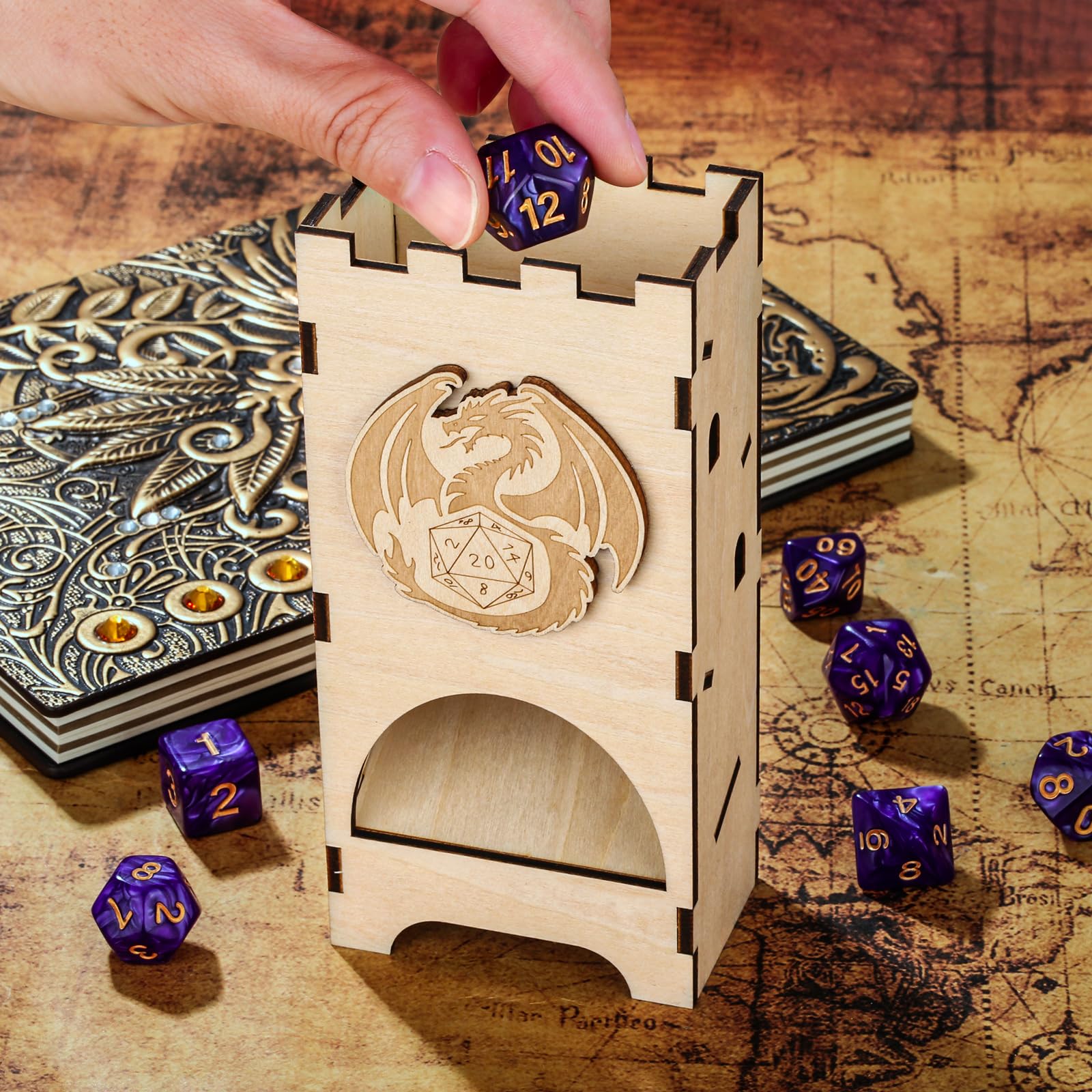 Torre lancia dadi trasportabile, D&D Legno Drago Volante Vassoio per Dadi, giochi in scatola, Accessori per giochi di ruolo, Regali per giocatori di fantasy (Dadi non inclusi)