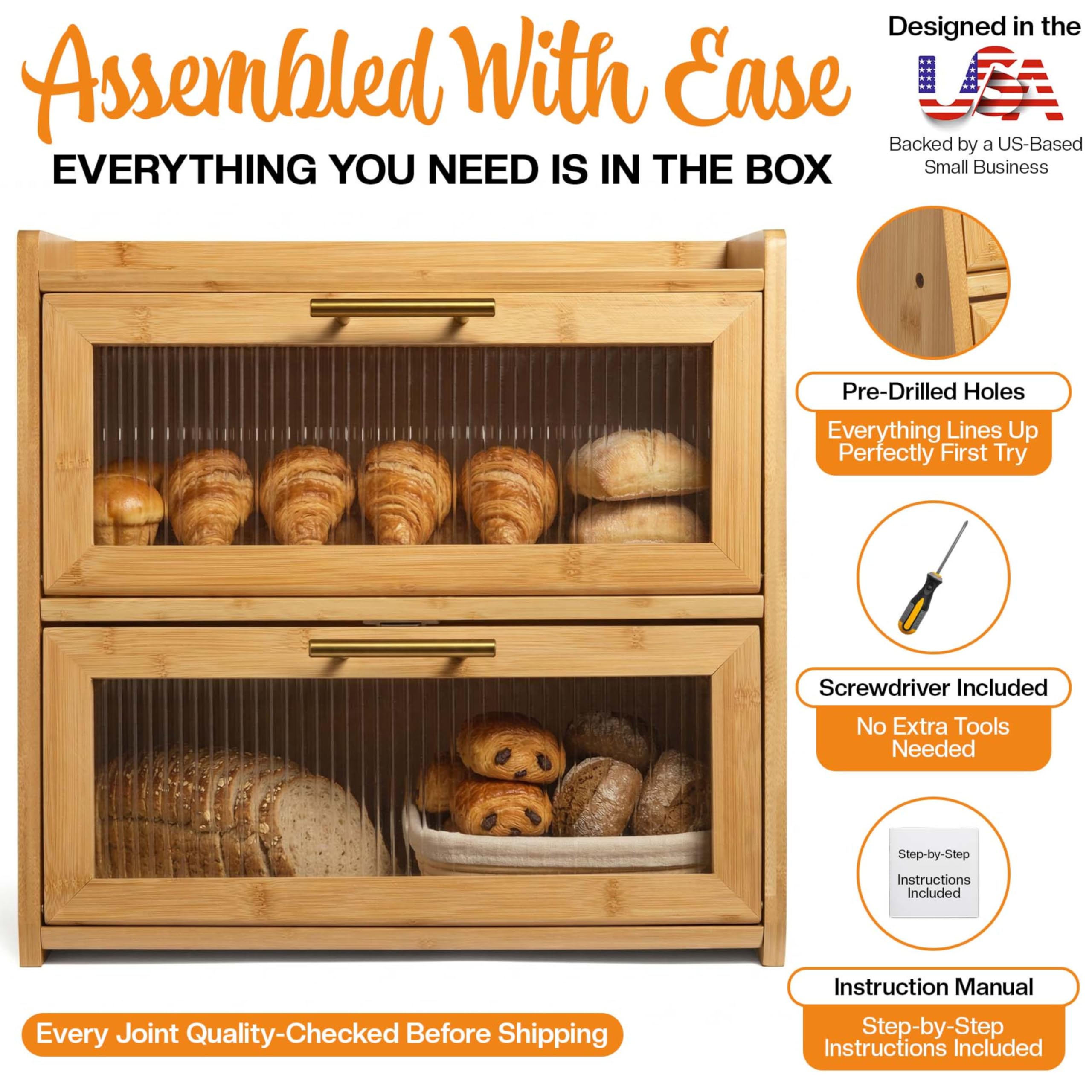 Gennua Kitchen Panera de bambú para encimera de cocina, gran caja de pan de doble capa que proporciona el doble de espacio de almacenamiento de pan, sostiene múltiples panes, duradera y hermosa con