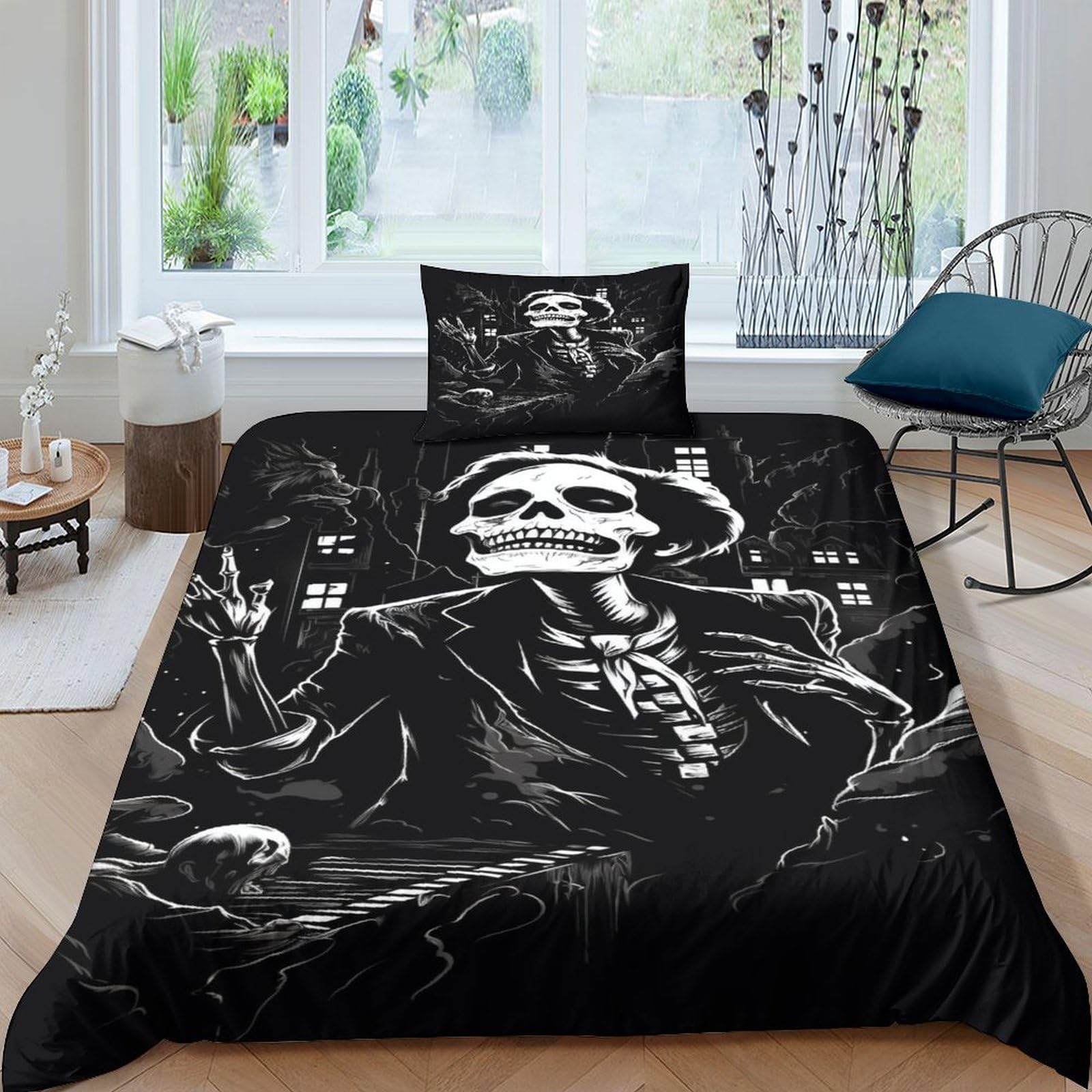 Housse de couette squelette IOFEER 135x200 avec 2 taies d'oreiller gris