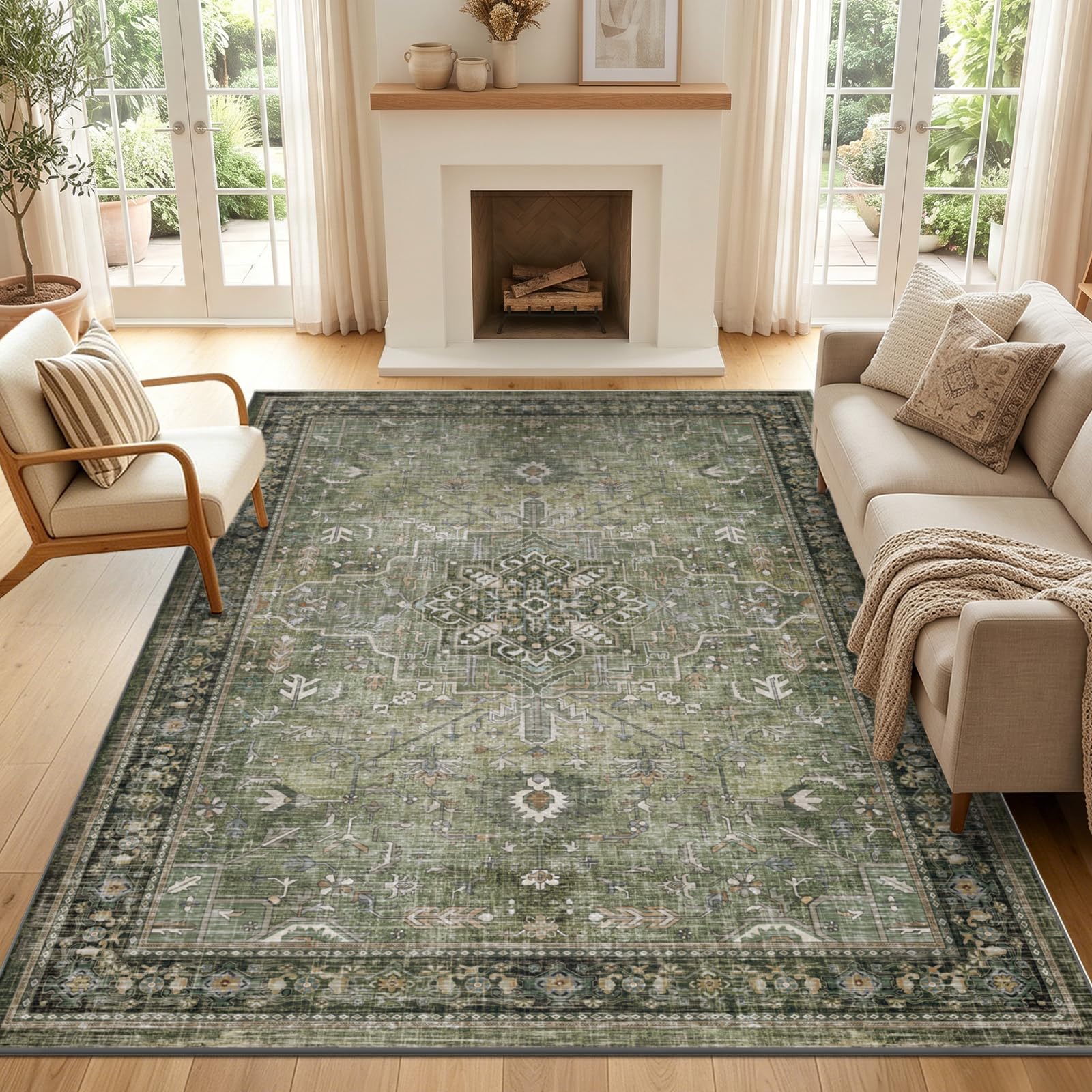 GEANUP Green Rugs Living Room 120x180cm Vintage Washable Area Rug, Non Slip Large Retro Rug, Durable Esay Clean, Pet Friendly, Soft Low Pile Bedroom Carpet for Living Room Kitchen Dining Room Lounge