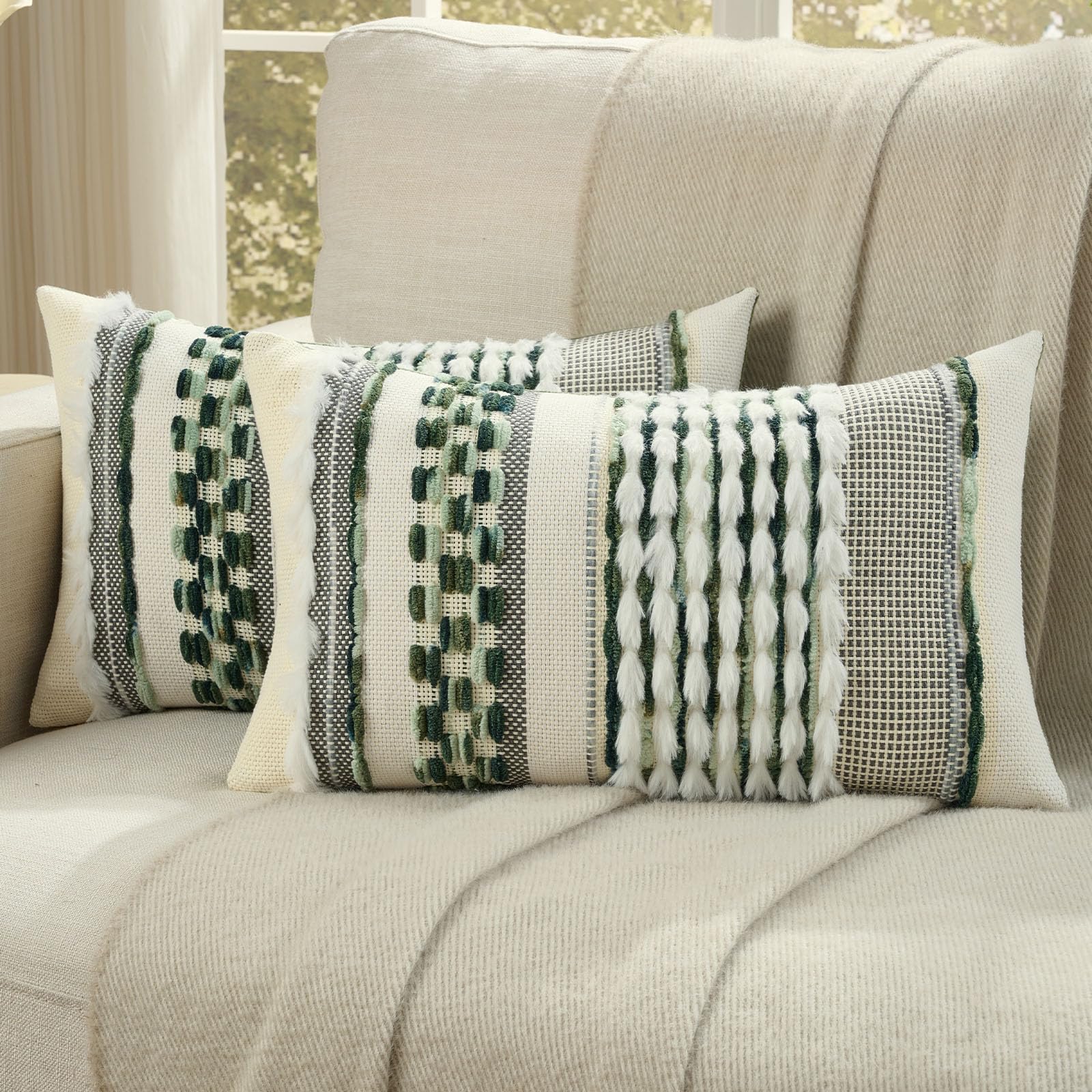 FUTEI Set of 2 Chenille Tufted Cushion Covers 30x50 cm,Green โ image 1