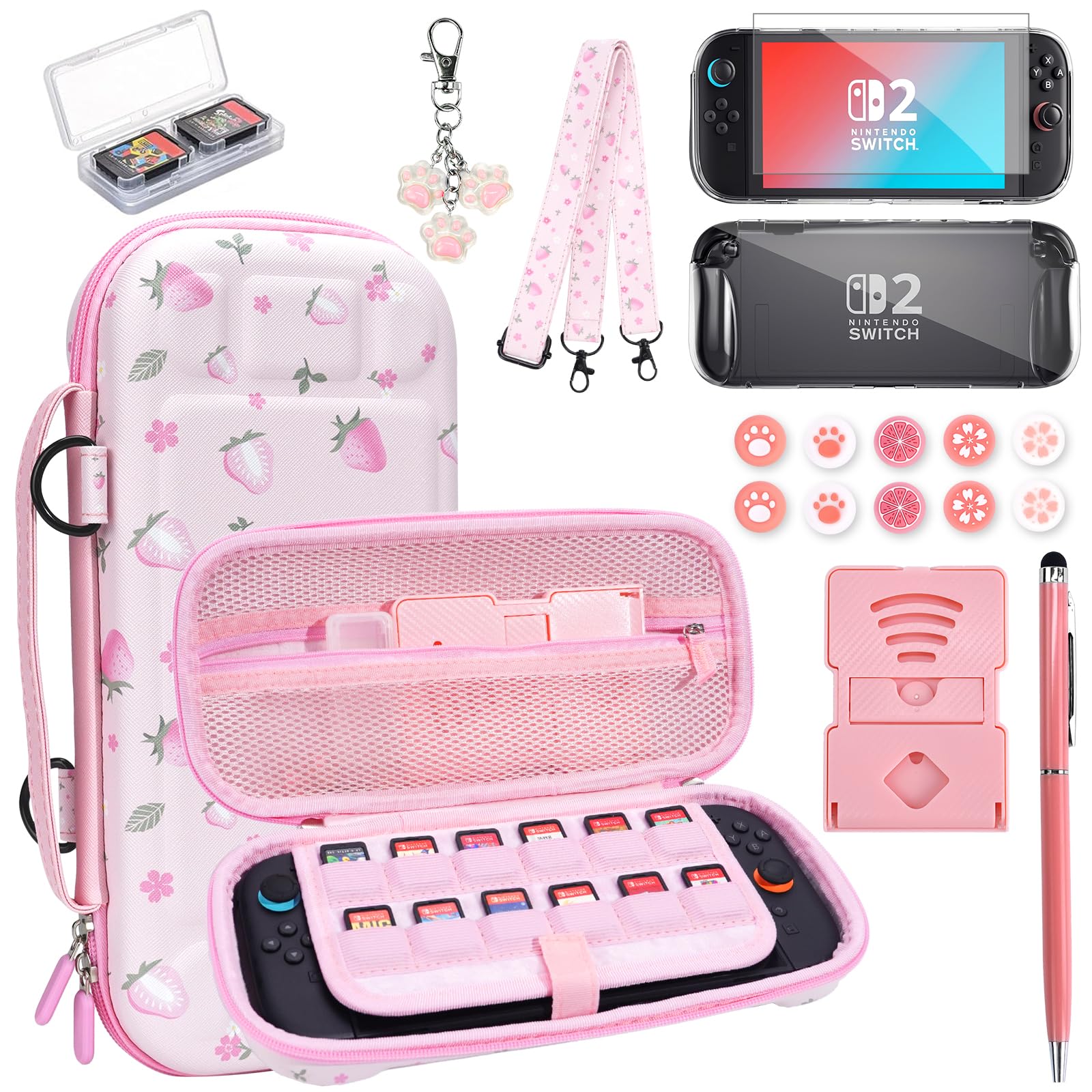 FIWWAT 17 en 1 kit D’Accessoires pour Nintendo Switch 2 - Housse de Transport Portable, Protège-Écran, Protège-Joystick, Support, Étui de Protection, Rose