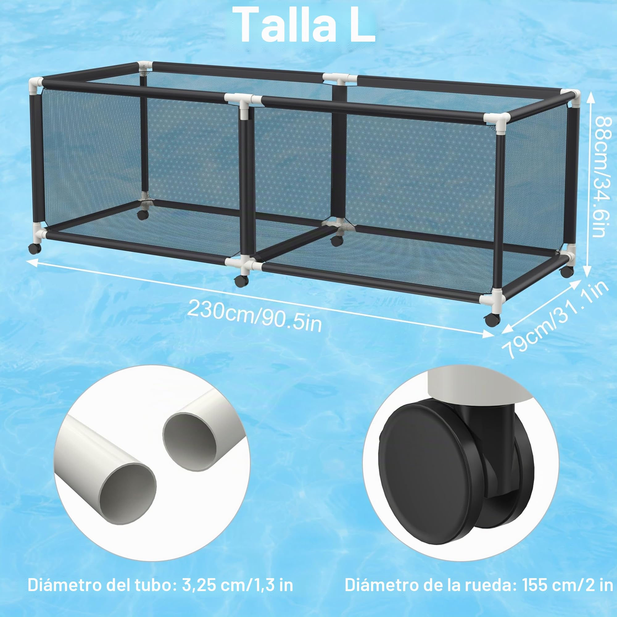 FIVMEN Contenedor de almacenamiento de piscina con rollo porta fideos carro de almacenamiento con red de nailon gran capacidad organizador para fideos juguetes flotador toallas, 230 x 79 x 88 cm