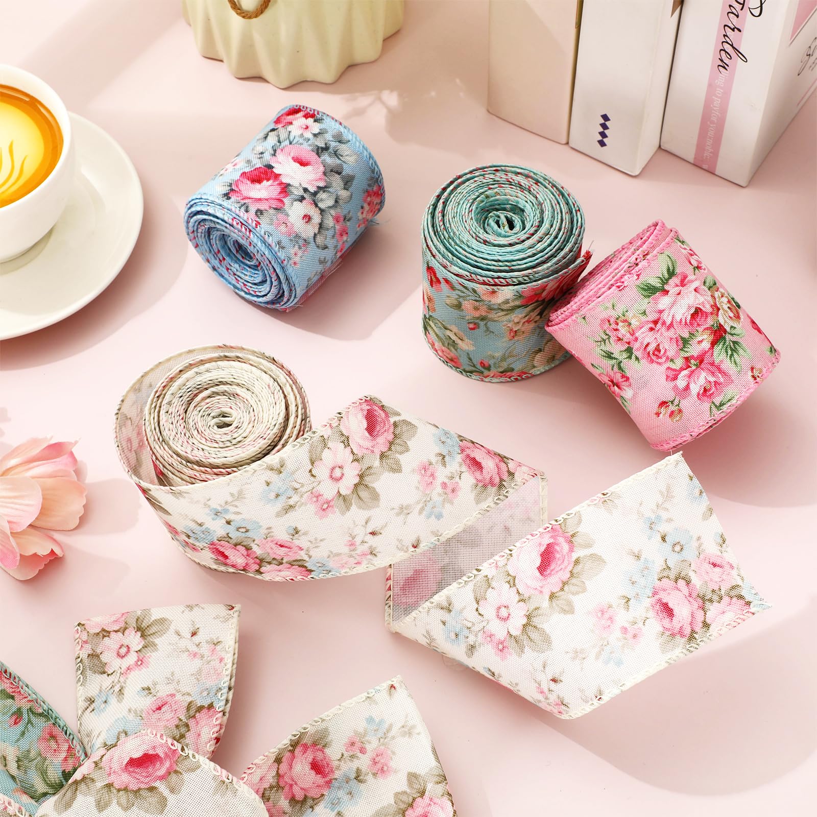 JarThenaAMCS Frühlingsblumenband mit Drahtrand, Aquarell, Vintage-Blumenband, rosa Rose, dekoratives Stoffband für Kranz, Schleifen, Basteln, Verpacken, 4 Rollen, 22 m