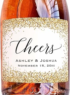 Cheers - 6 Custom Gold Glitter (Not Real Foil) Champagne Bottle Label, Waterproof Stickers for Wedding Anniversary Bridal Shower Birthday Graduation Party All Events