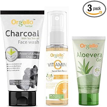 Orgello Herbal Skin care combo products kit pack - Charcoal Face Wash (1 X 100 ml) + Vitamin C Facial Toner (1 x 100 ml ) + Aloevera Gel for Face & Hair (1 x 60 gm) for men, women, boys, girls