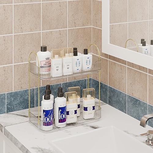 Miniatura 2 de Organizador de mostrador de baño de 2 niveles, bandeja de tocador para el cuidado de la piel, almacenamiento de cosméticos para encimera, soporte