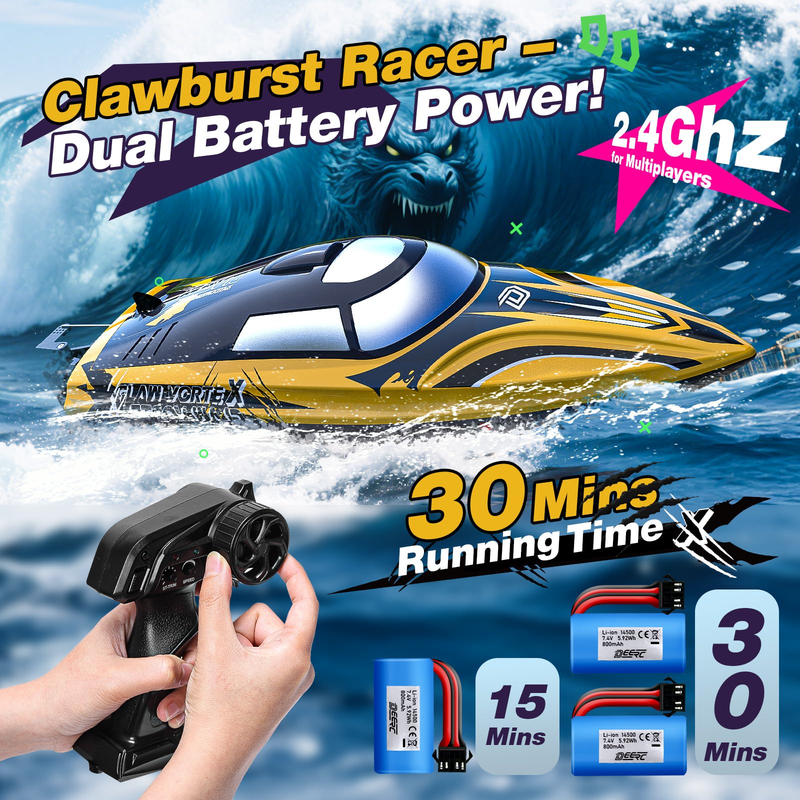 DEERC Barca RC veloce da 14" con LED, 30+ minuti di guida, 20+ MPH, barca a velocità telecomandata autoallineante per piscina e mare, vernice a strisce, regalo estivo per bambini e adulti.
