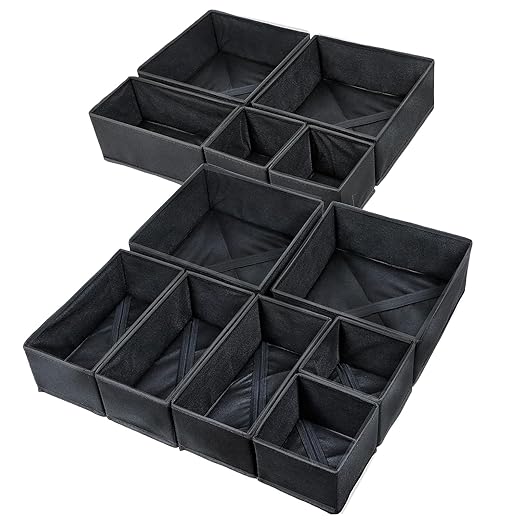 12 Pack Drawer Organizers for Clothing, Foldable Clothes Organizer Underwear, Folded Clothes, Baby Socks, Bra, Towels, Ties - Multi-pack Storage Box (Black)