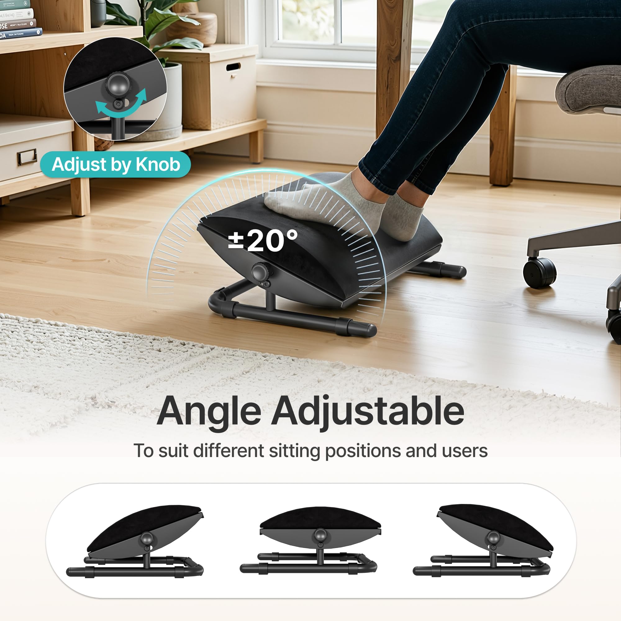 PEGZONE Ergonomischer Fußständer unter Schreibtisch, verstellbarer Fußständer mit abnehmbarem Memory Foam und rutschfestem Stahlbasis, waschbares Gehäuse, für Heimarbeit und Studium, Schwarz