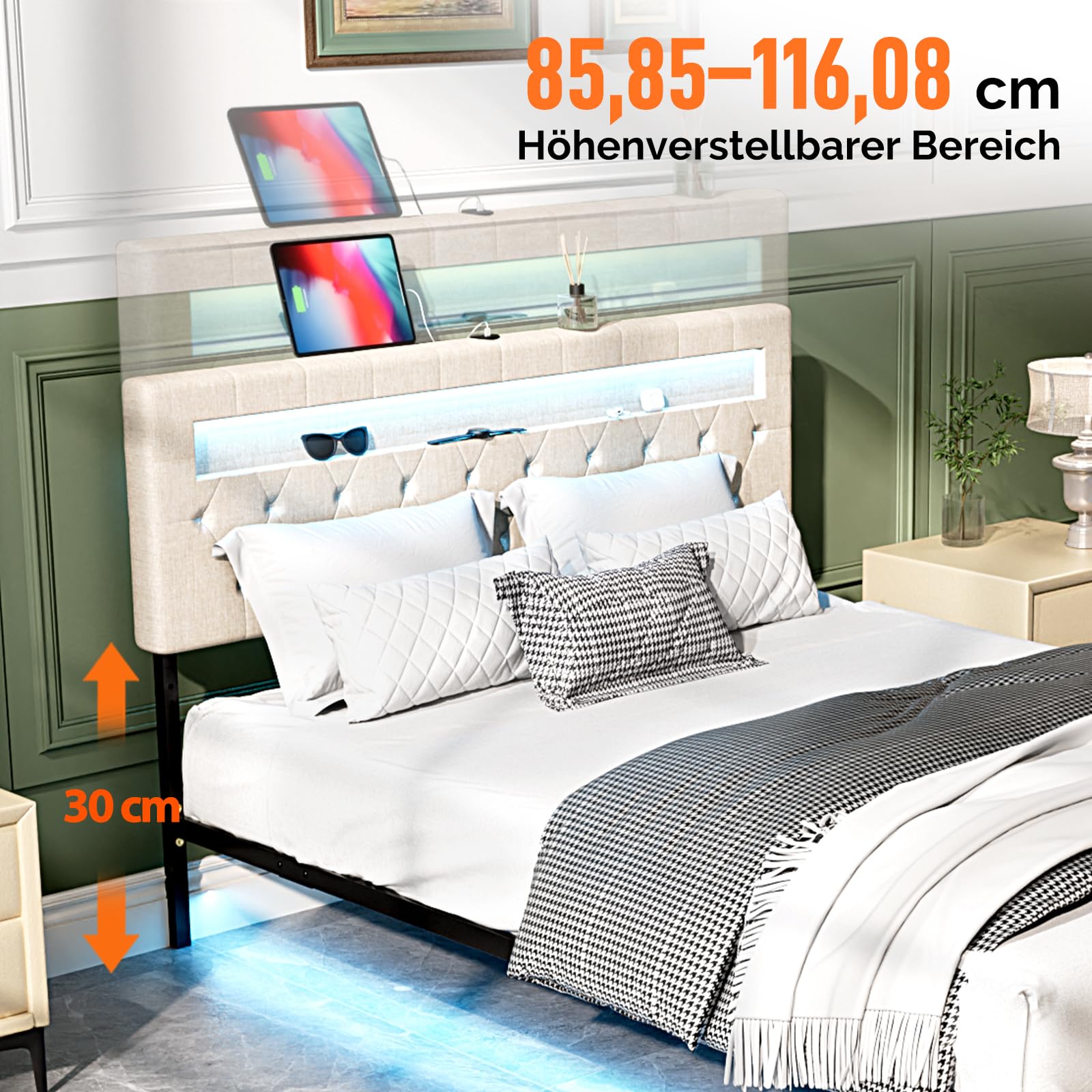 Bonnlo Struttura Letto Matrimoniale con LED e Ricarica, Letto Matrimoniale con Rete Doghe, Effetto Lino (senza materasso) (Beige, 160x200cm)
