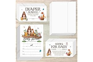 Woodland Animal Baby Shower Invitations with Diaper Raffle and Books for Boy or Girl
