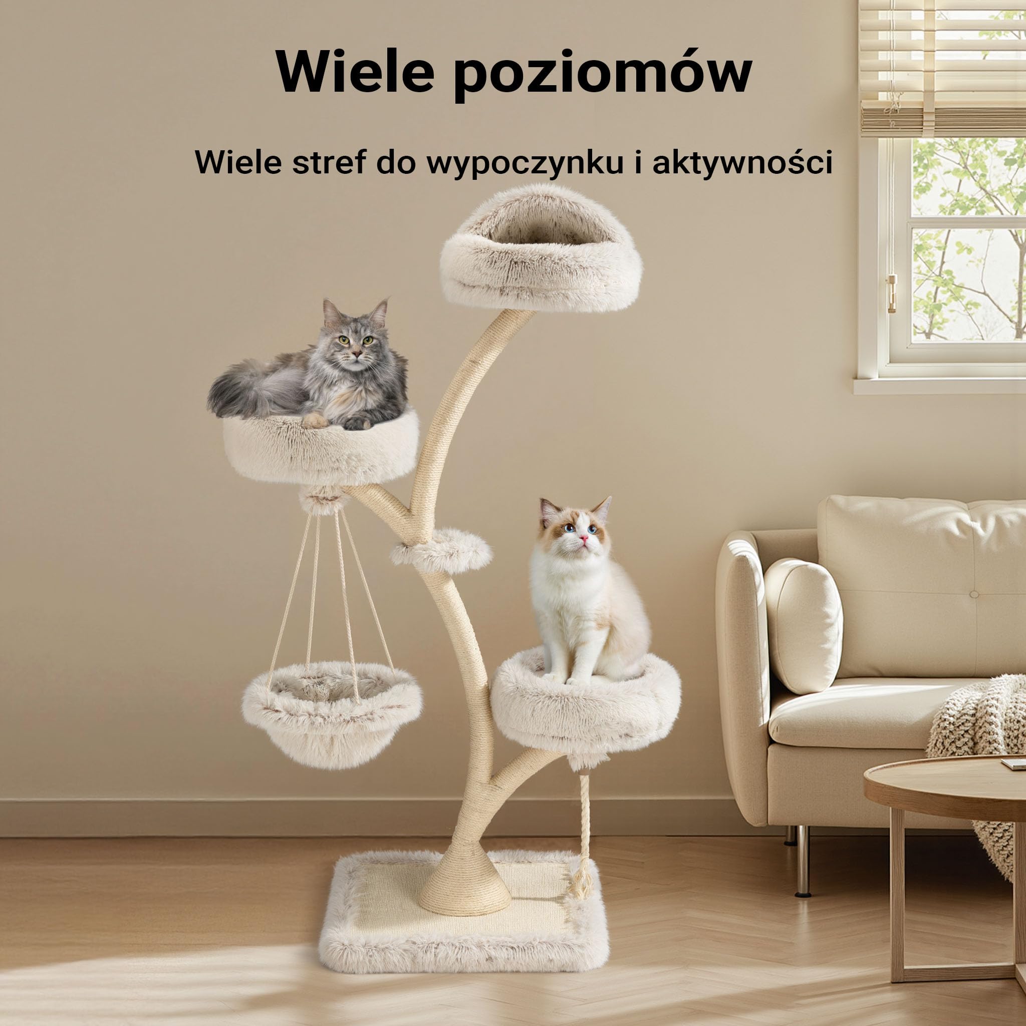 Fudajo Designerski drapak dla kota z legowiskami i huśtawką 59x59x169 cm, pluszowy koci plac zabaw z poziomami i zabawką, drzewko z sizalem