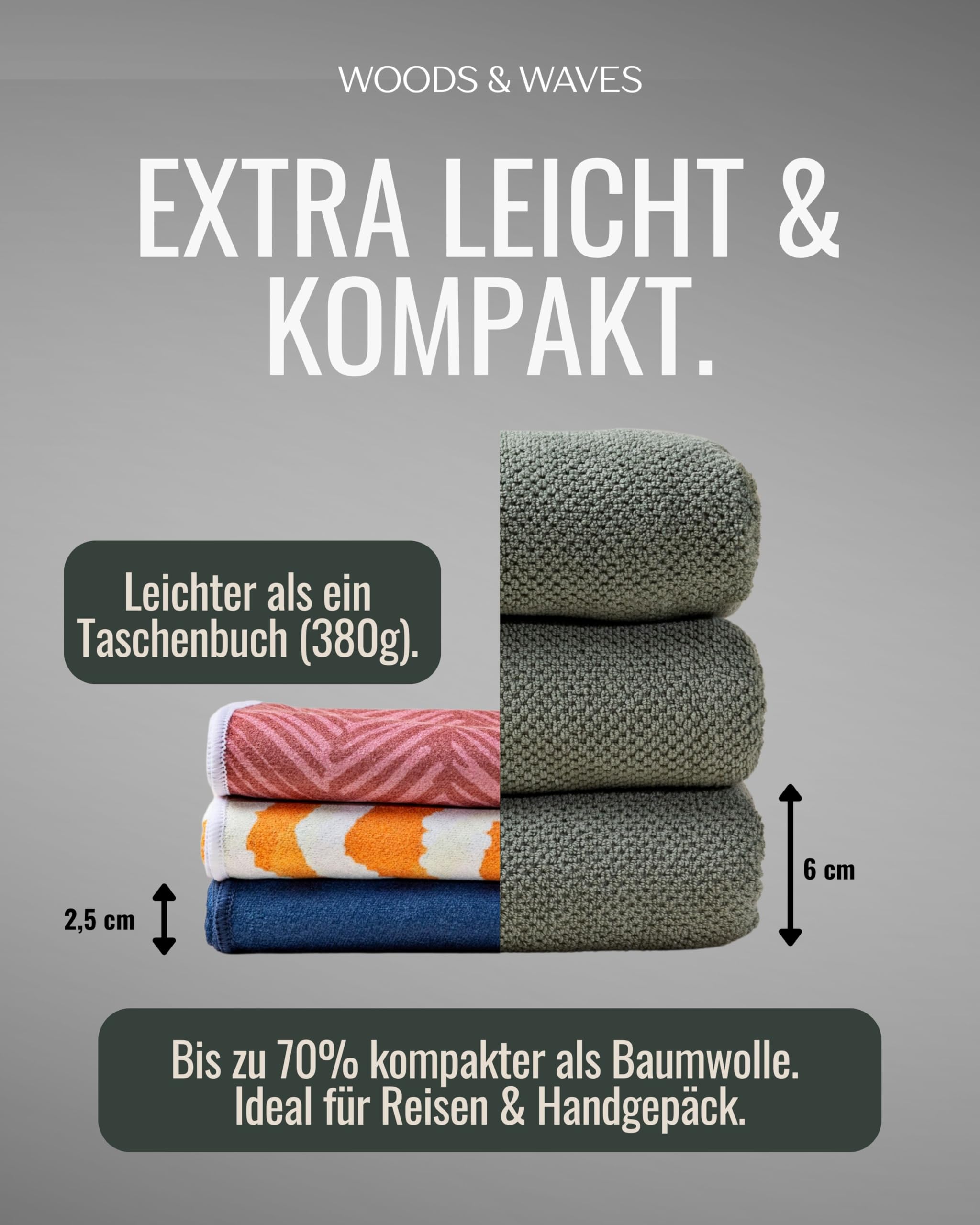 WOODSANDWAVES Ręcznik plażowy z mikrofibry – szybkoschnący, lekki, kompaktowy – 180 cm x 80 cm – XL ręcznik kąpielowy – ręcznik podróżny – chłonny, bez piasku i duży ręcznik plażowy (sól i pieprz, L)