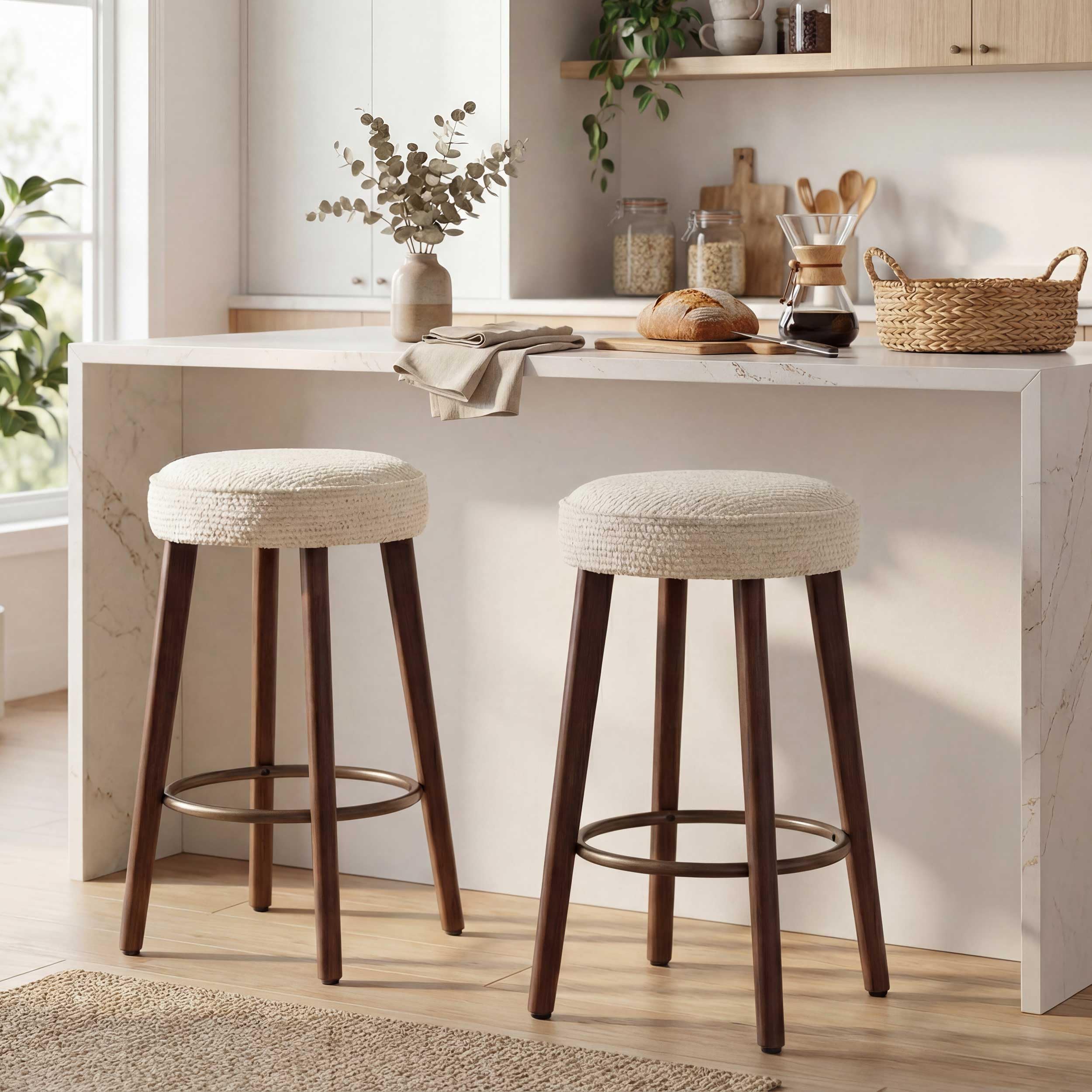 Set of 2 Chenille Bar Stools, 68cm Counter Height Upholstered Kitchen Bar Chairs with Solid Wood Legs, Modern Kitchen Island Stools for Breakfast Counter, Dining Room, Home Bar, Beige