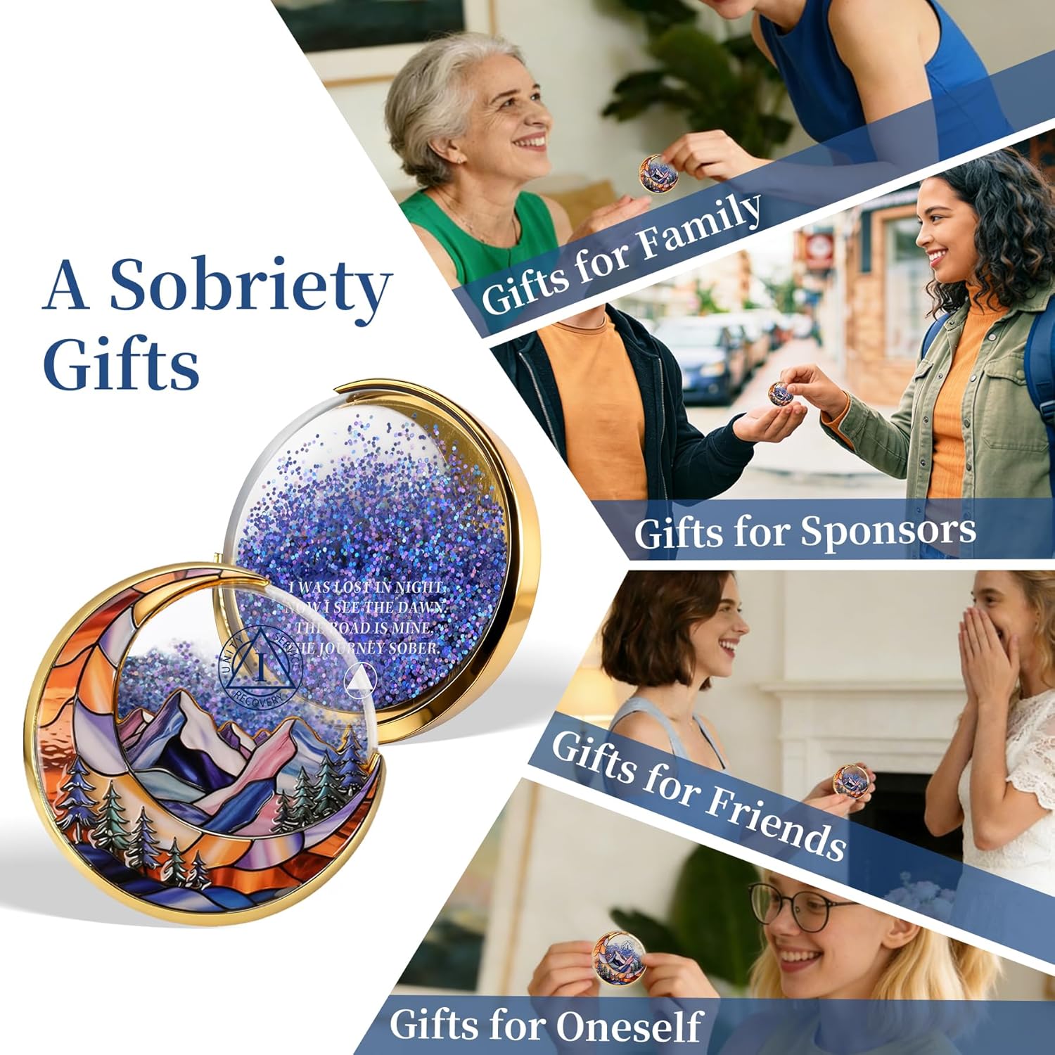 Moving Sand 1 Year Sobriety Coin - Glittering Flow Sand Sober Coin,Affirmation AA Chip Recovery Medallions, Sobriety Gifts for Women & Men Celebrating One Year Sober - Image 4