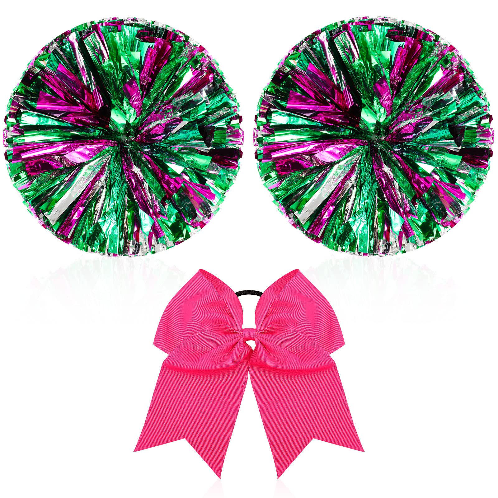 Photo 1 of Hanaive 3 Pcs Cheerleading Pom Poms and Large Cheerleader Hair Bow Metallic Cheer supplies for Team Spirit Sports Dance Cheering(Rose Red Green and Silver Pom,Classic Style)