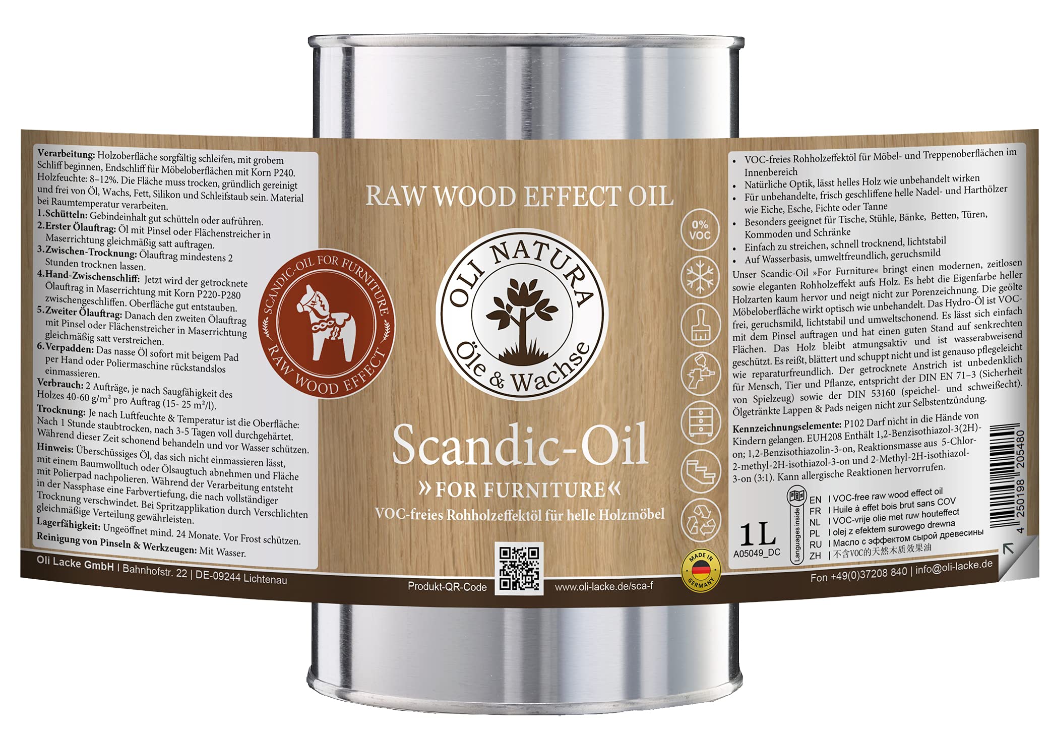 Scandic Oil OLI-NATURA pour meubles – Huile aspect bois brut – 1L – sans solvants, huile de bois invisible pour l'intérieur – meubles, tables, chaises, commodes, étagères – chêne, épicéa, pin, sapin