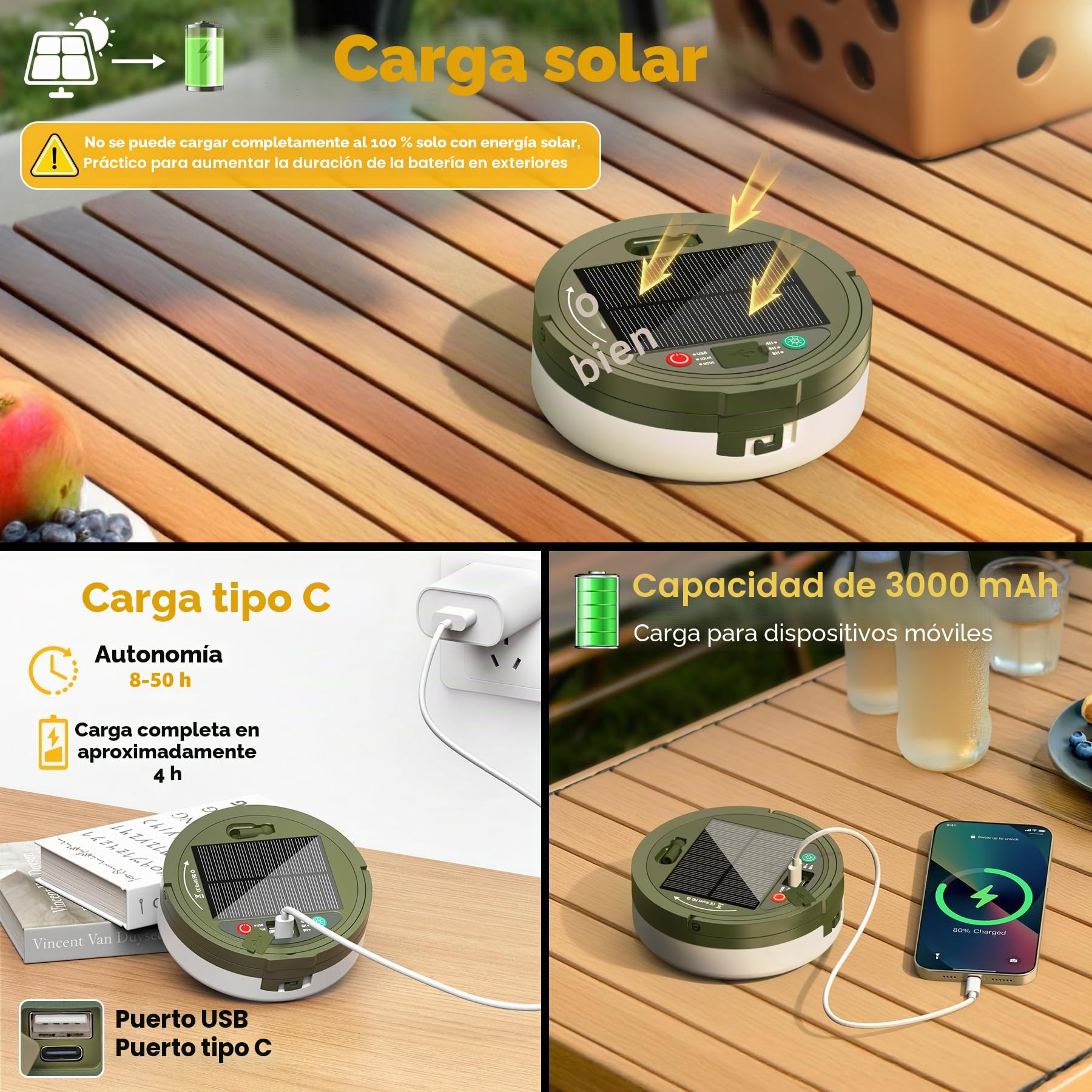 10M Retráctil Cadena de Luces para Camping,3 en 1 portátil para exteriores a de Impermeable Lampara Camping,8 modos de iluminación,Solar y USB de carga,pour le Jardín,la décoration de patio
