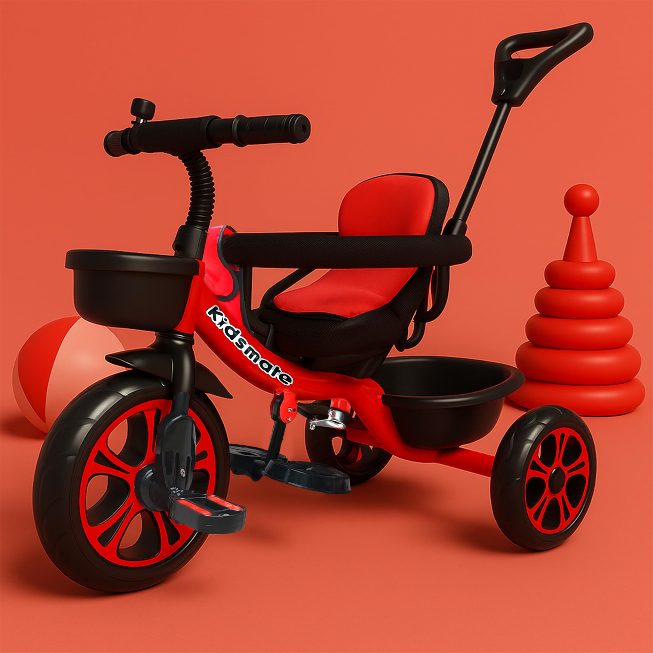 Kidsmate Thunder Plug N Play Kids/Baby Tricycle with Safety Guard Rail and Parental Control | Storage Basket | Fabric Cushion Seat & Bell for 12 Months to 48 Months Boys/Girls (Red)