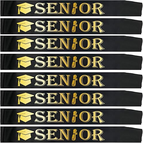 HAPRTY - Paquete de 8 bandas negras para personas mayores, letras de lámina dorada, banda de fiesta nocturna para regalos de graduación, suministros