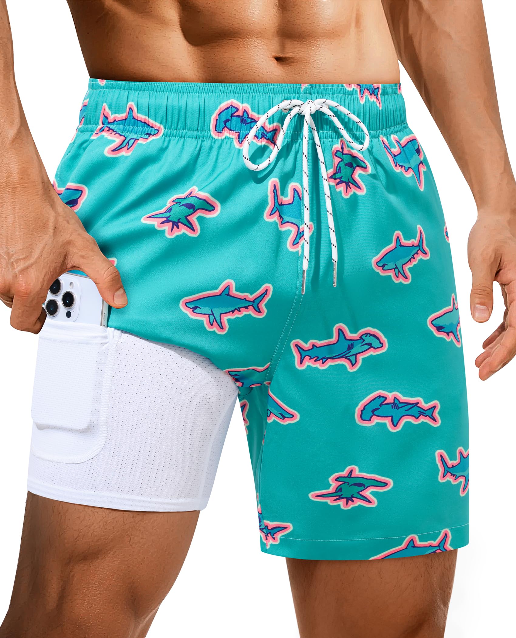 Mens Swim Trunks with Compression Liner 7 Inch Mens Bathing Suit Quick Dry Pockets Stretch Drawstring Shark Printed 2in1-image-21