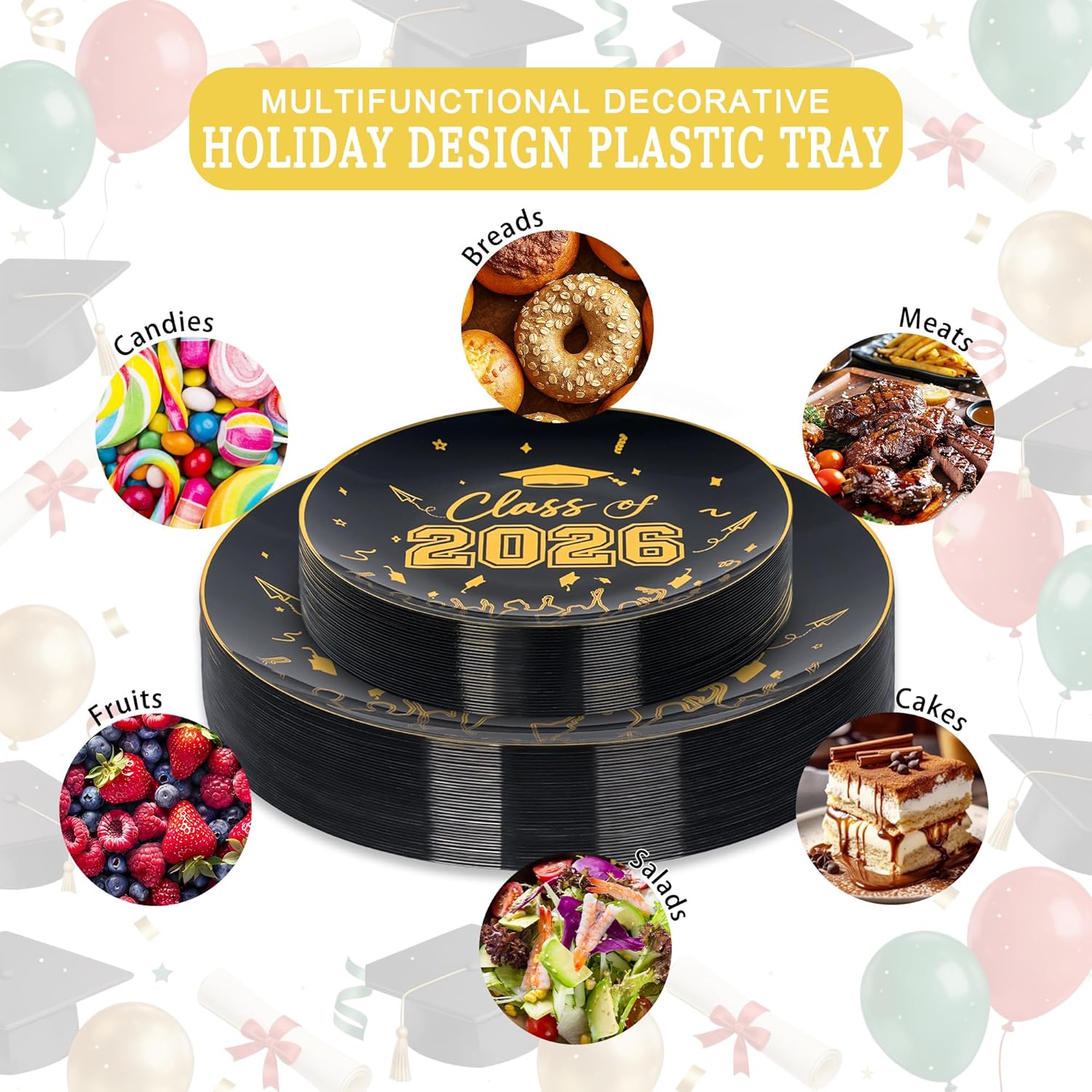 120 Pcs Graduation Plastic Plates,2026 Black Gold Graduation Disposable Plates with Gold Rim for 30 Guests,30 Dinner Plates 10 inch & 30 Dessert Plates 7 inch Cocktail Napkins for Party,Holiday