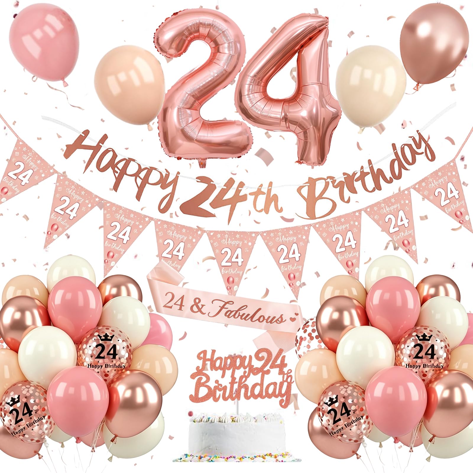 24th Birthday Decoration for Women,24th Birthday Decoration with Retro Pink Rose Gold Balloons,Happy 24st Banner, Cake Topper, Number 24 Foil Balloons for Women Party Decoration — image 1