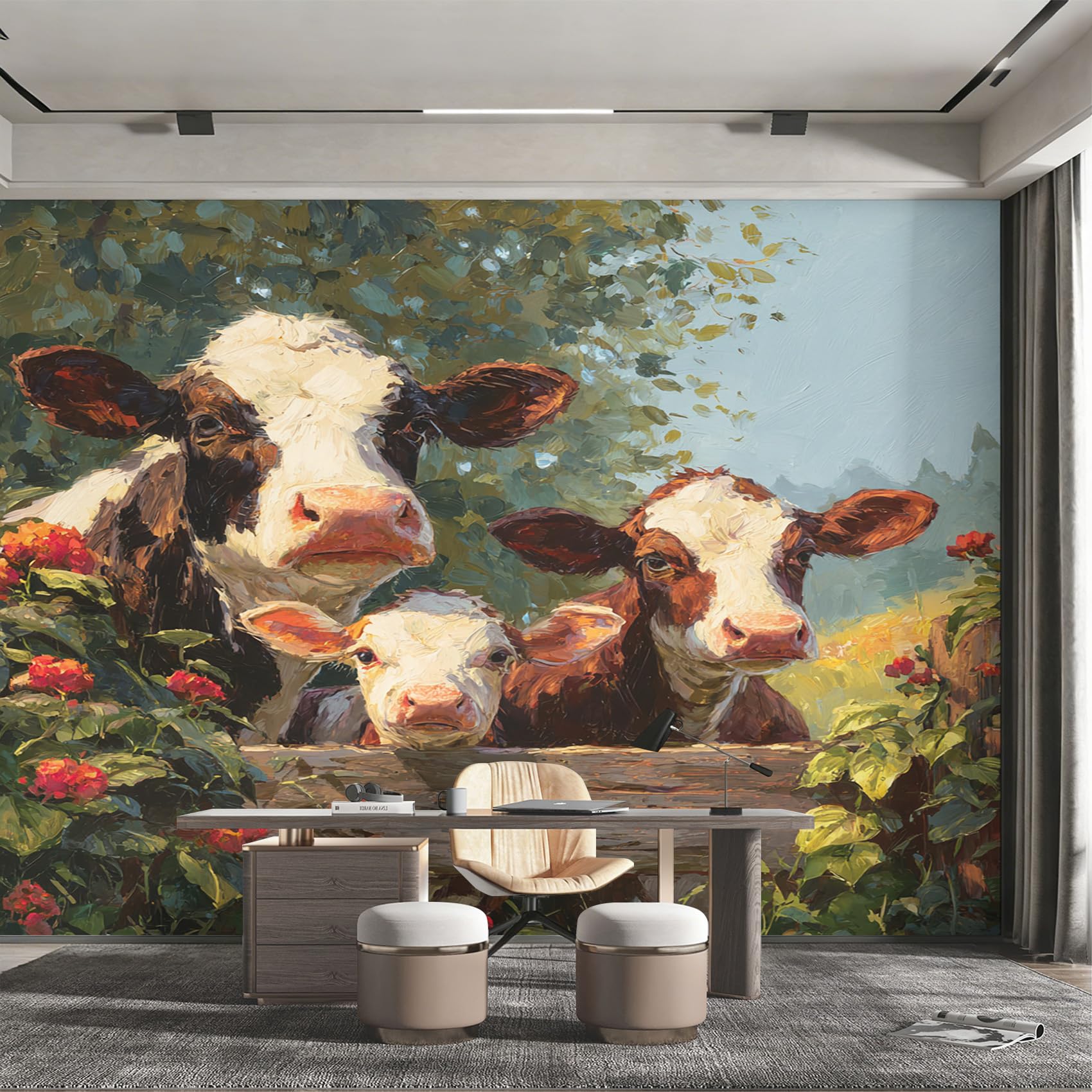 Papier peint panoramique vache style peinture à l'huile décor de ferme 366x254 cm