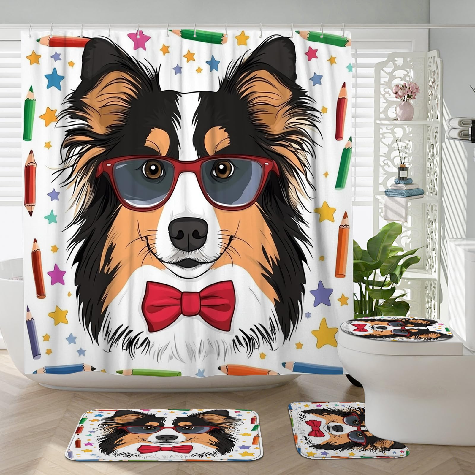 Ensemble rideau de douche Rough Collie anti-glisse pour WC et bain