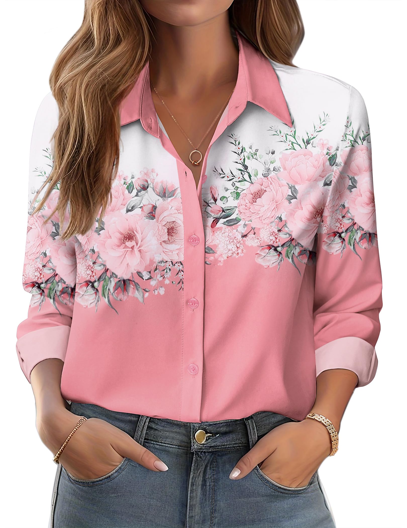 Button Down Shirts for Women Dressy Floral Printed Long Sleeve Blouse Business Casual Work Tops