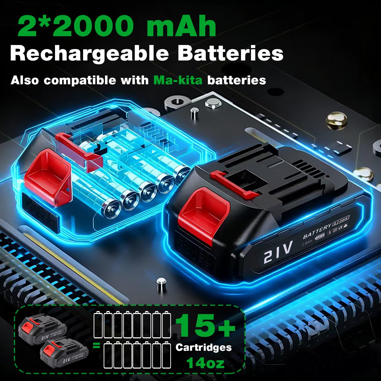 Wayona Pistola de grasa inalámbrica de 10000 psi, kit de pistola de grasa eléctrica con 2 baterías recargables, manguera flexible de 39.4 pulgadas, luz LED, cargador rápido, color negro