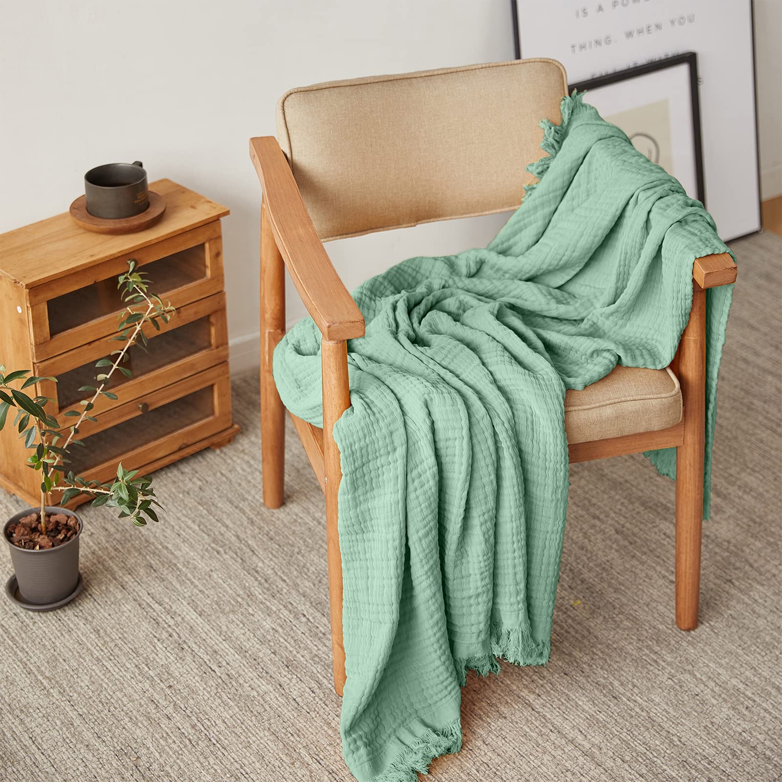 Simple&Opulence - Coperta in mussola di cotone per letto e divano, coperta in garza intrecciata con nappine, morbida, leggera, avvolgente, prelavata e traspirante, perfetta per lo stile country in