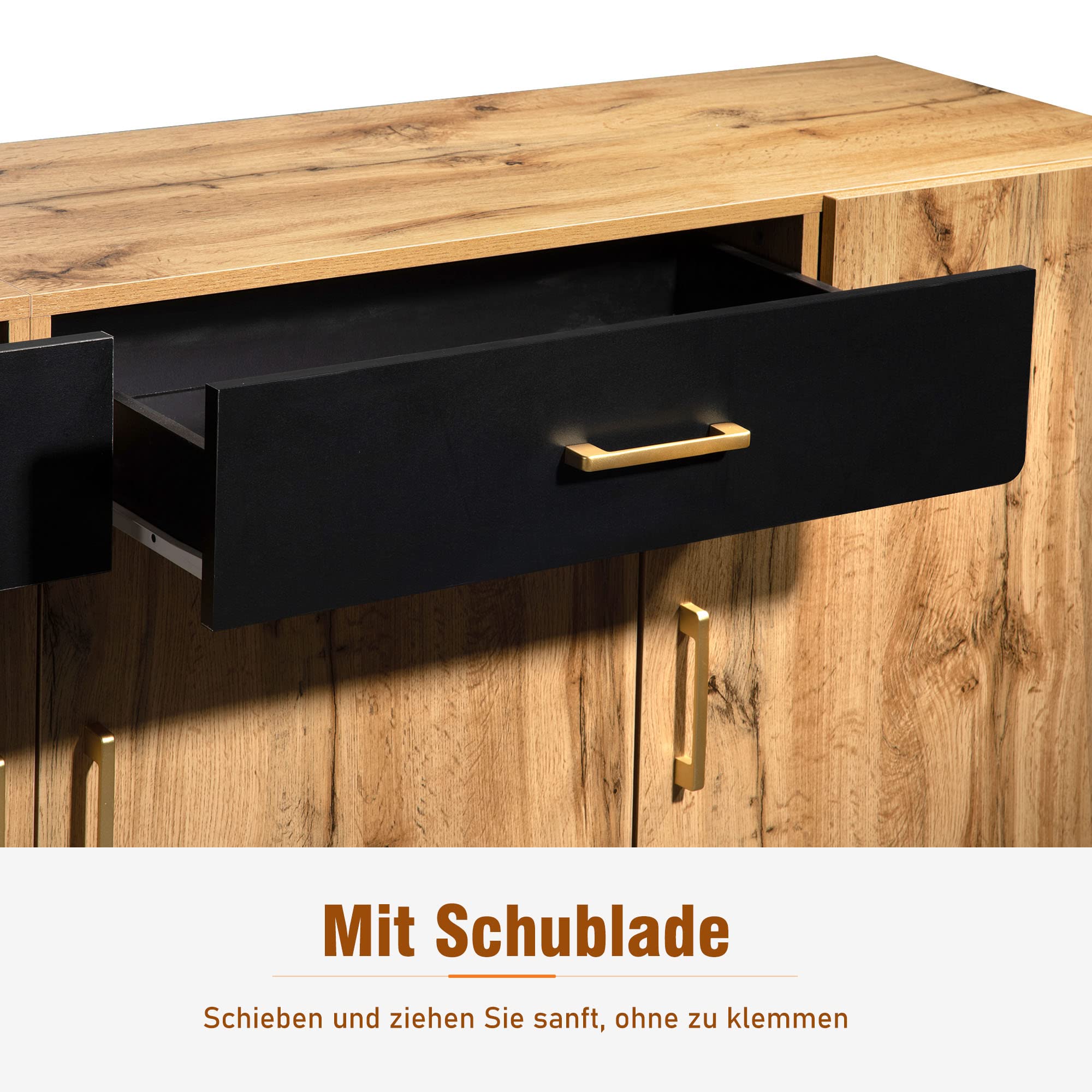 Merax Sideboard Kommode mit 2 Schubladen&4 Schränken, Sideboard Holz Küchenschrank Buffet Beistelltisch mit Griffen, Farmhouse Design, Braun/208 x 39.5 x 80CM