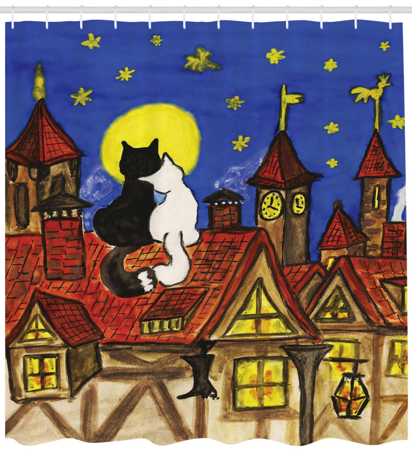 Ambesonne Cat Shower Curtain, 2 Love Cats Sitting on Roof in Old Town and Looking at Starry Sky Night Funk Artprint, Cloth Fabric Bathroom Decor Set with Hooks, 69