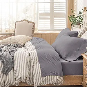 PURE ERA Jersey Knit 4pc Bed Sheet Set 100% T-Shirt Cotton Super Soft Comfy Breathable Fits Mattress Up to 20" Extra Deep Pocket (Solid Grey Purple, Queen)
