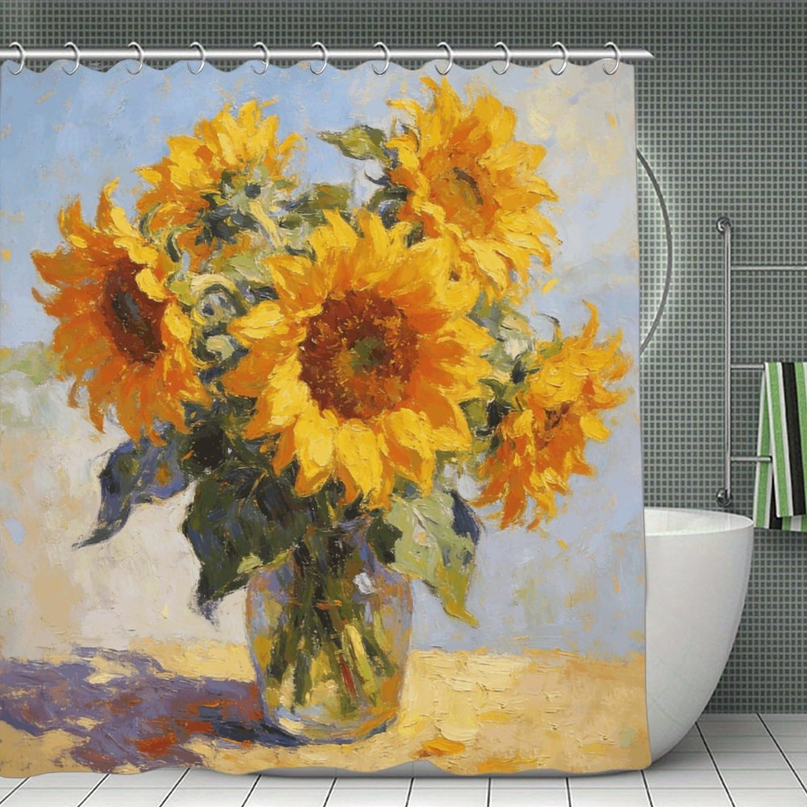 VstaDank Sunflower Oil Painting Shower Curtain Light-Weight Blackout Bathroom Curtain Washable Shower Liner 71x71 Inch Bath Curtain with Metal Holes Bathtub Bath Room