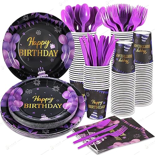 Juego de vajilla de 168 piezas de suministros para fiesta de cumpleaños morados y negros, platos, cuchillos, tenedores, cucharas, tazas y