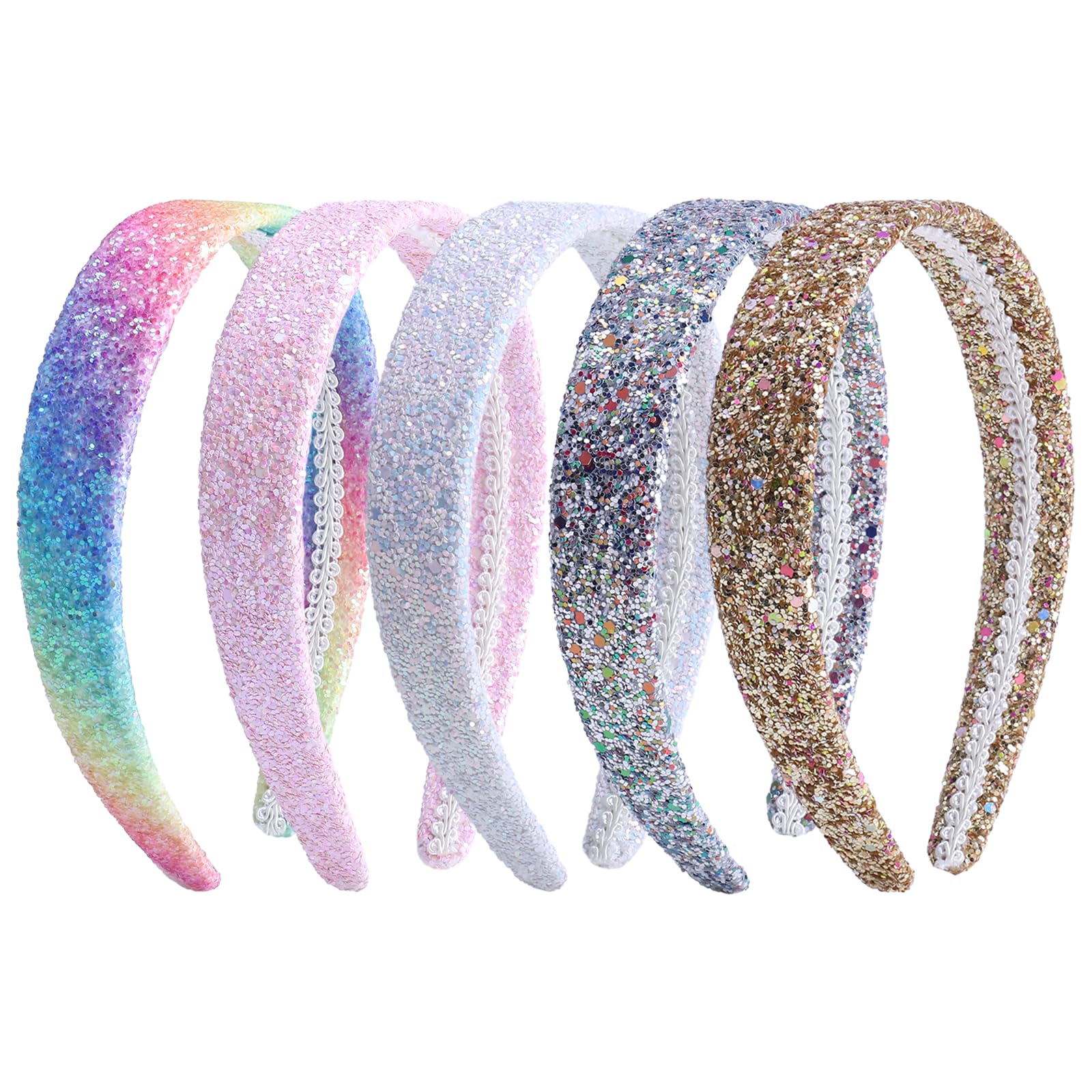 Fishdown Headbands for Girls 3 CM Wide, 5 Pack Cute Sparkly Hair Bands for Kids, Rainbow Sequin Girls Headbands for Kids Children Teens Women