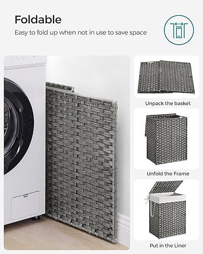 Miniatura 9 de SONGMICS Canasta para la ropa sucia con tapa, cesta de 23.8 galones (90 L) de ratán sintético para ropa con tapa y asas, plegable, forro extraíble