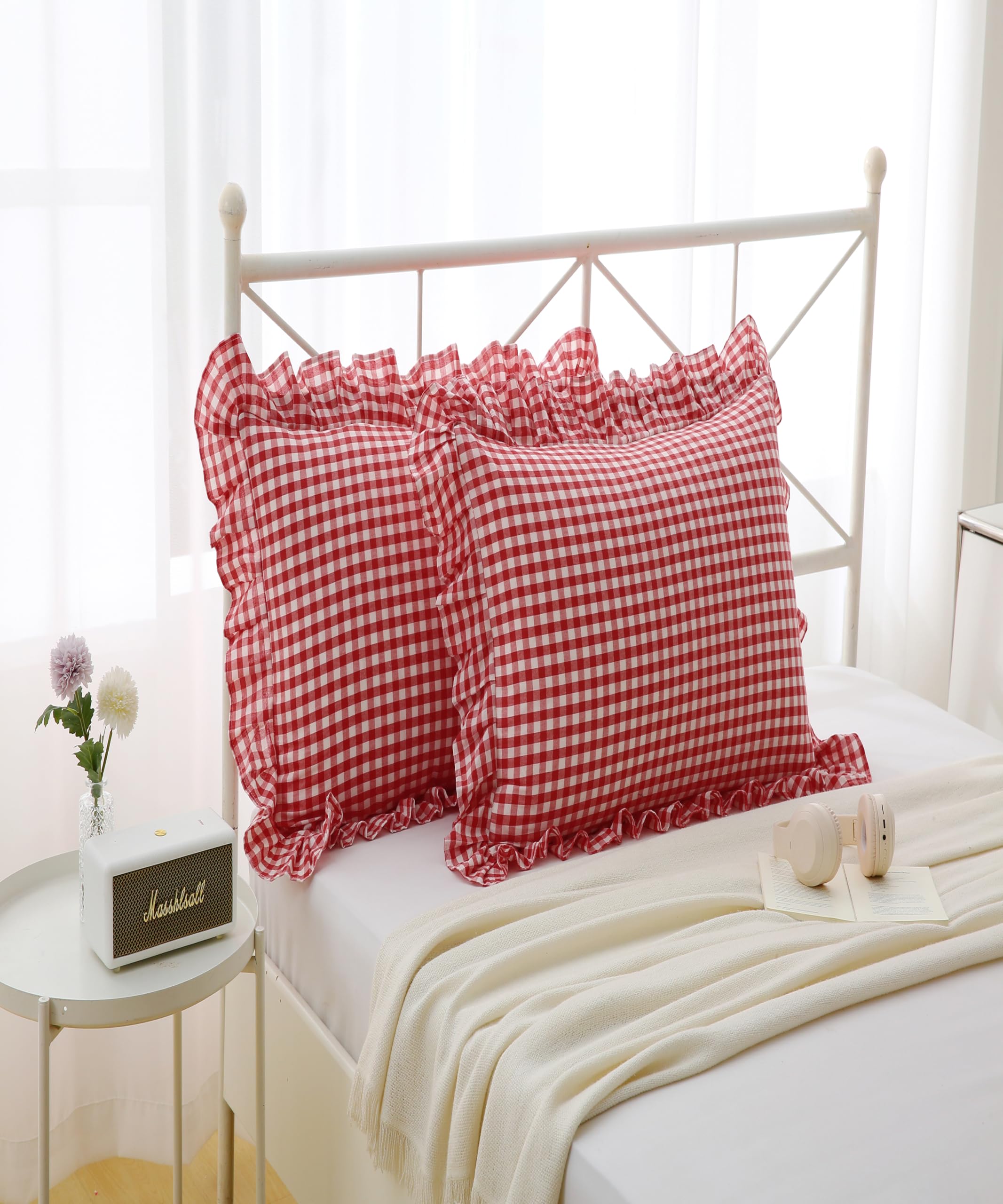Taies d'oreiller à carreaux anti-glissement en coton doux 66x66 cm avec volants