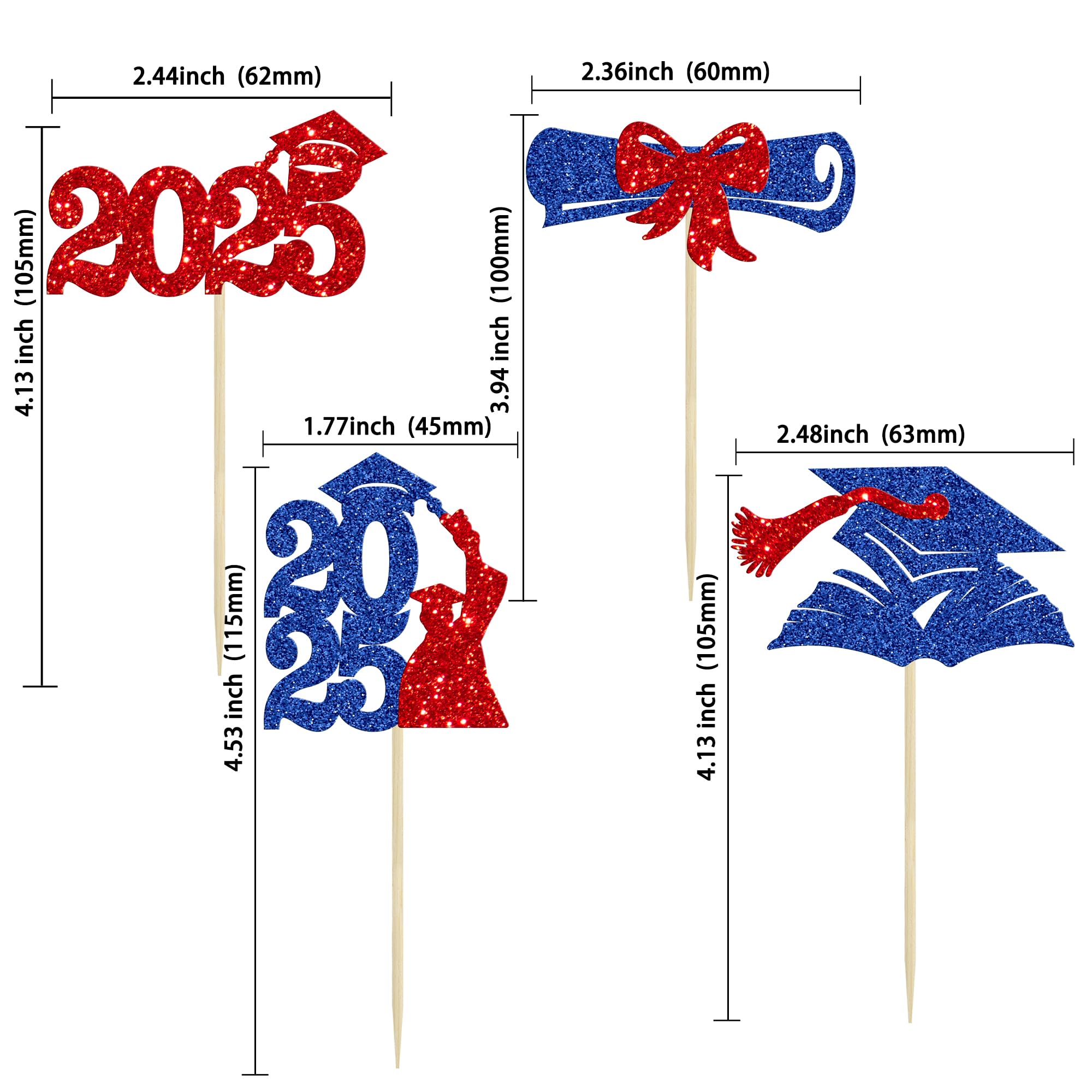 Gyufise 36Pcs 2026 Graduation Theme Cupcake Toppers Glitter Class of 2026 Cupcake Picks Diploma Graduation Cap Cake Decorations for 2026 Graduation Theme Party Decorations Supplies Red Blue - Image 2