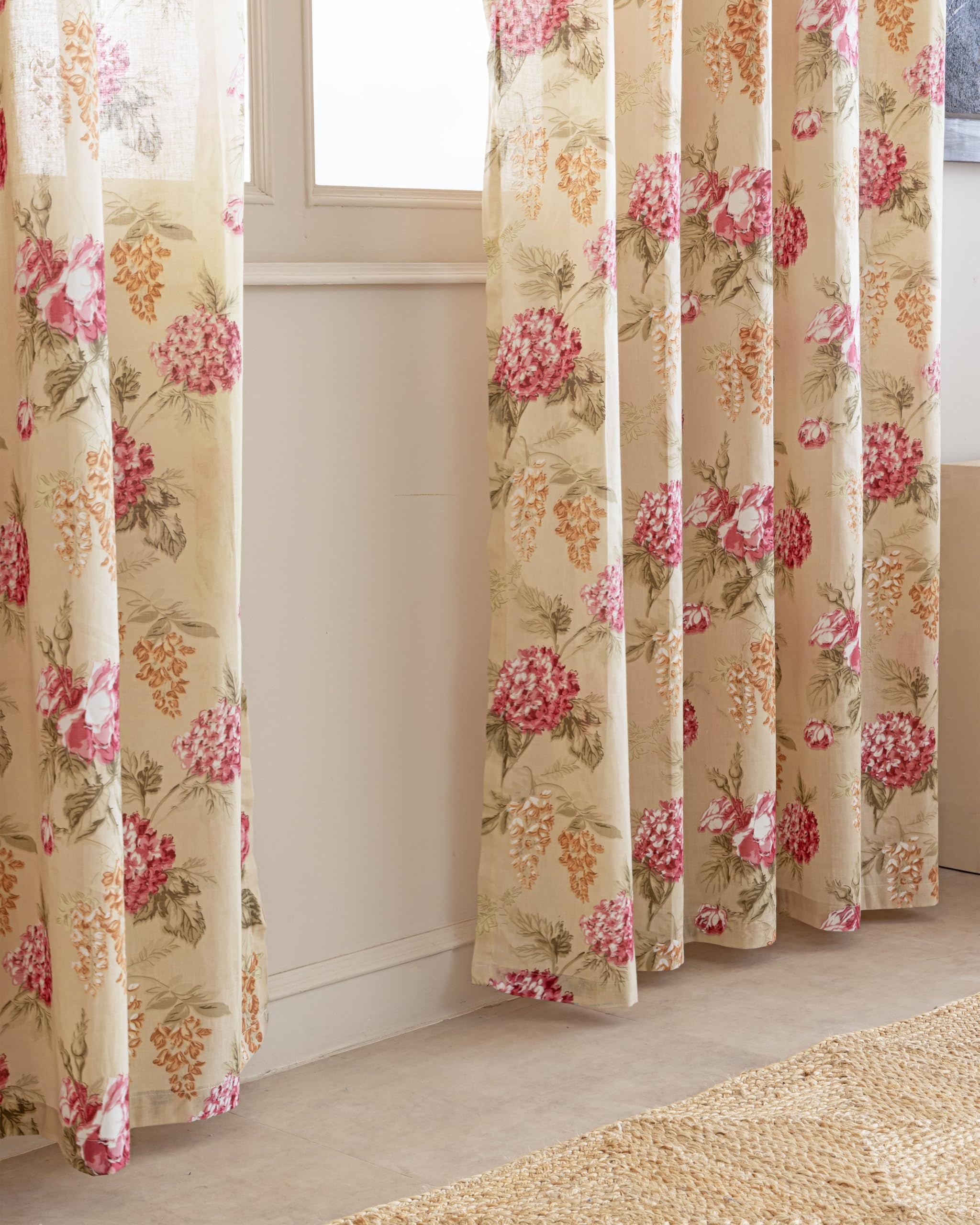 Clasiko Block Print Sheer Door Curtains; 40% Light Filtering Linen Textured Curtains with Eyelets & Tieback; Set of 2; 54x108 Inches/ 9 Feet; Amber Bloom - Image 2 thumbnail