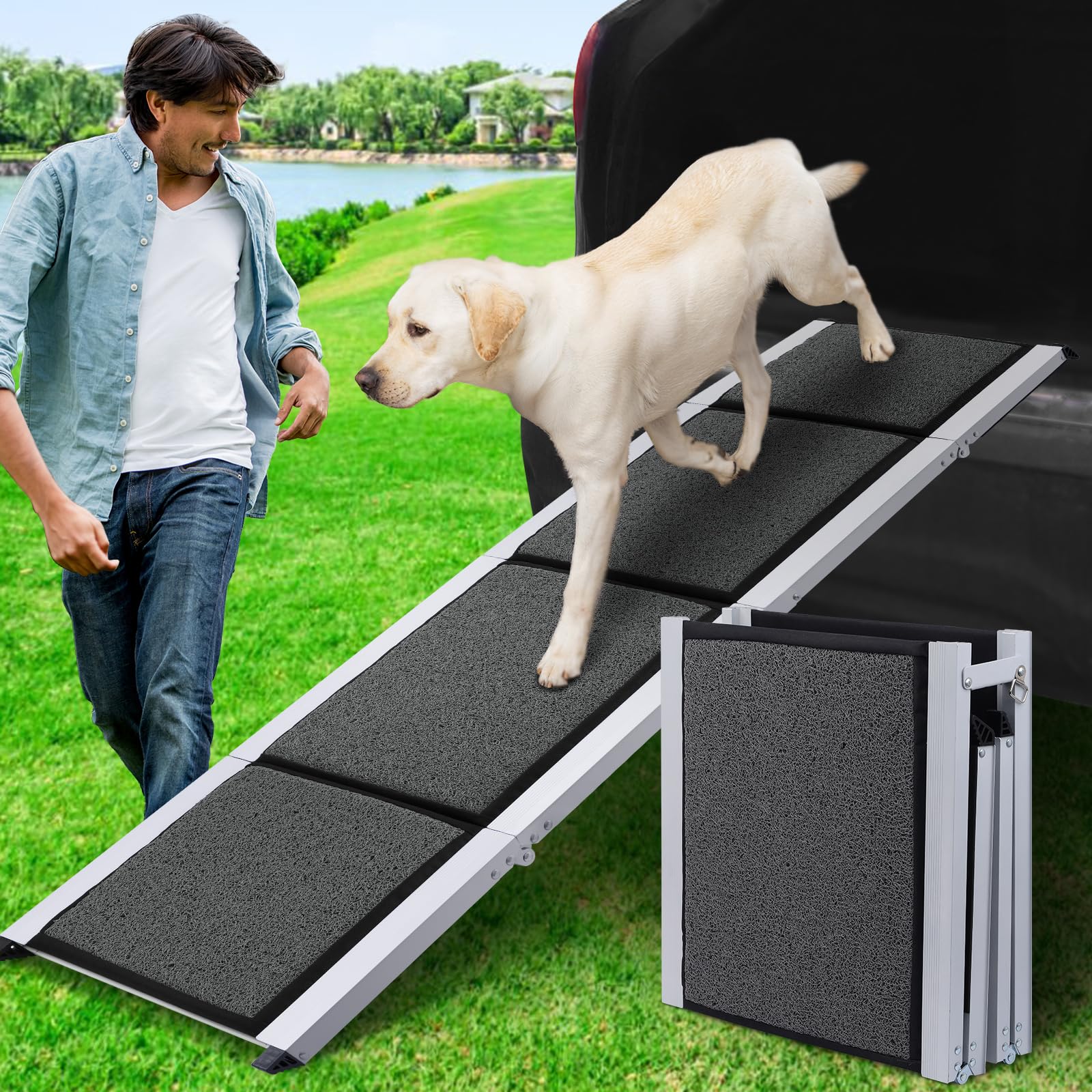 DAISTERN Rampa Auto per Cani Pieghevole 170 x 44cm, Scala Portatile Cani Macchina con Superficie Morbida Antiscivolosa, Telaio in Alluminio, Dog Stair Ramp Pedana per Cane Piccola Media Grande