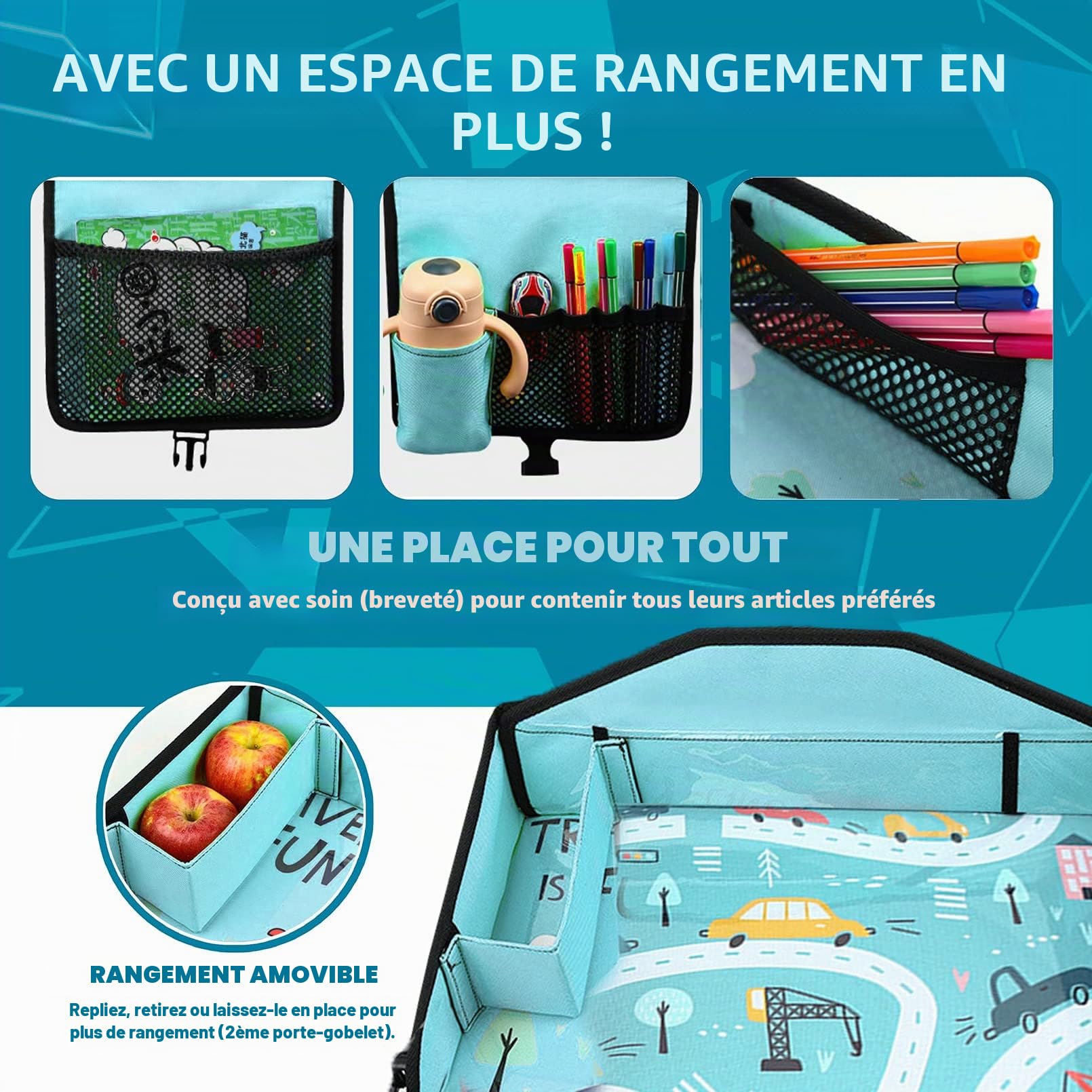 Plateau de siège de voiture pour enfants, plateau de voyage pour tout-petits, avion, plateau de voiture pour enfants essentiels de voyage sur la route (bleu clair)