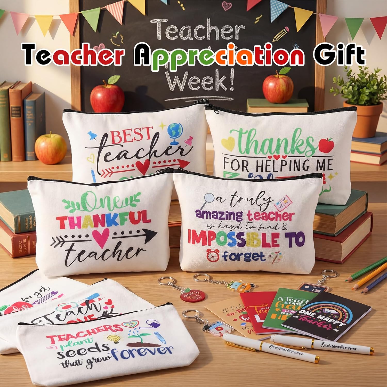 Yeaqee 48 Pcs Teacher Appreciation Gifts Set Include 12 Canvas Makeup Bag Cosmetic Pouch 12 Ballpoint Pens 12 Keychains 12 Journal Notebook for Women Teacher Week Gifts (Text Style)