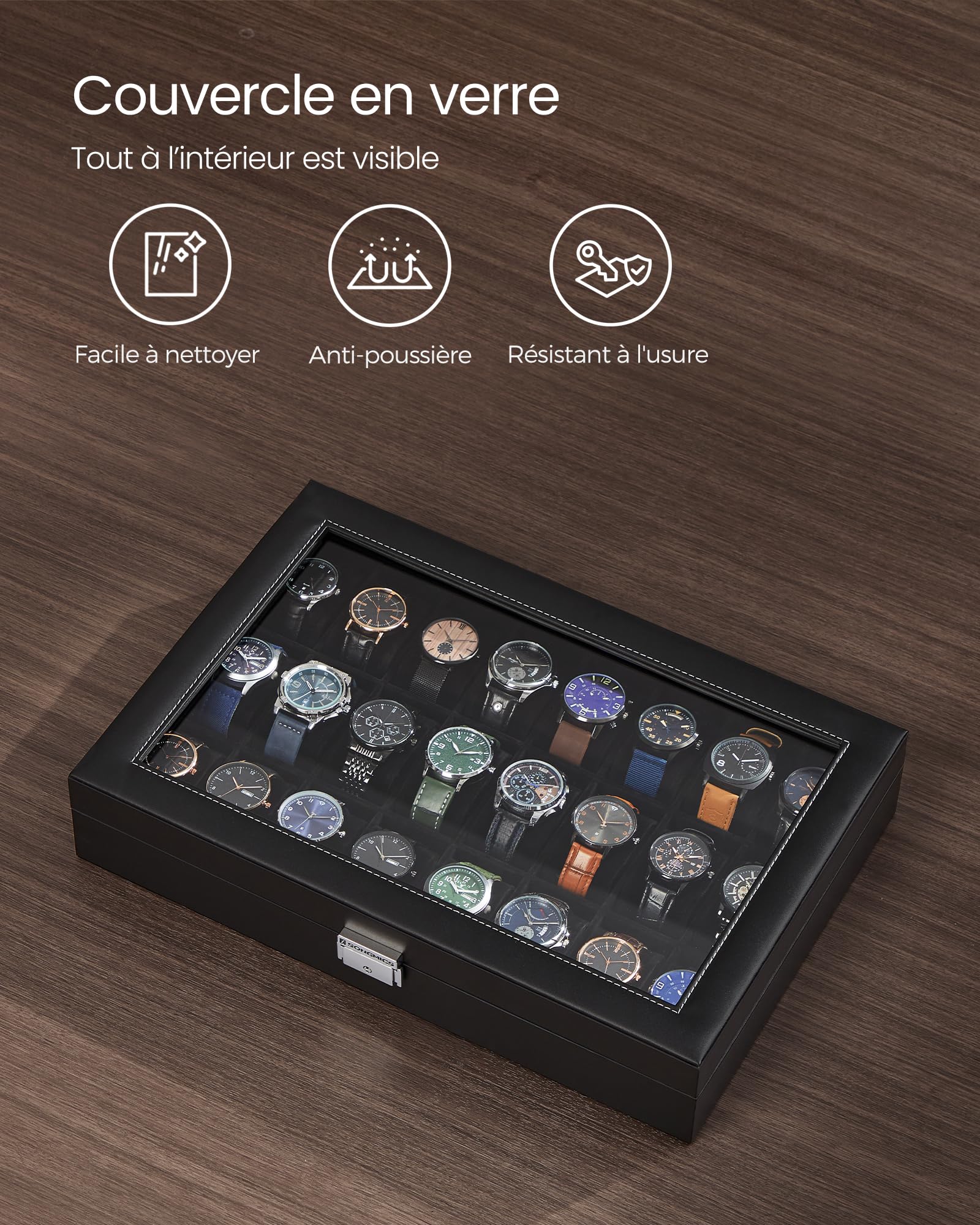 SONGMICS Boîte de rangement verrouillable pour montres avec 24 emplacements, couvercle en verre, cadeau pour vos proches, cuir synthétique noir, doublure noire d'encre JWB024B02