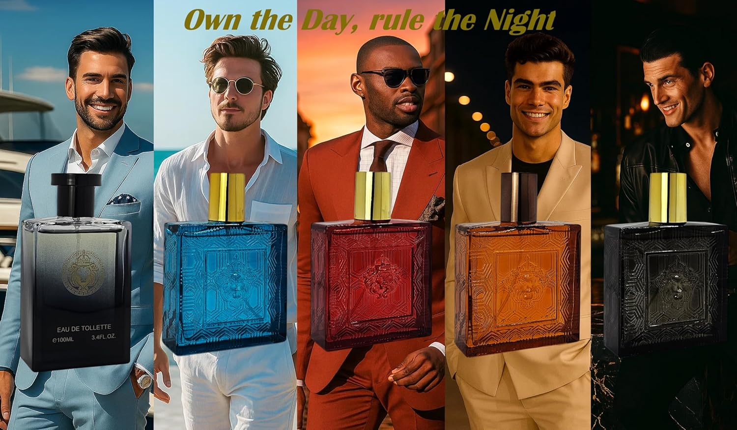 Versatile For Man, Red Flame, Lion Victor, Pour Homme & Black Flame, Cologne for Men 5-piece Set, 5x100ml/3.4 Fl.Oz, EDT, Long-lasting mint, sage, neroli & vetiver notes for day and night, NHB1