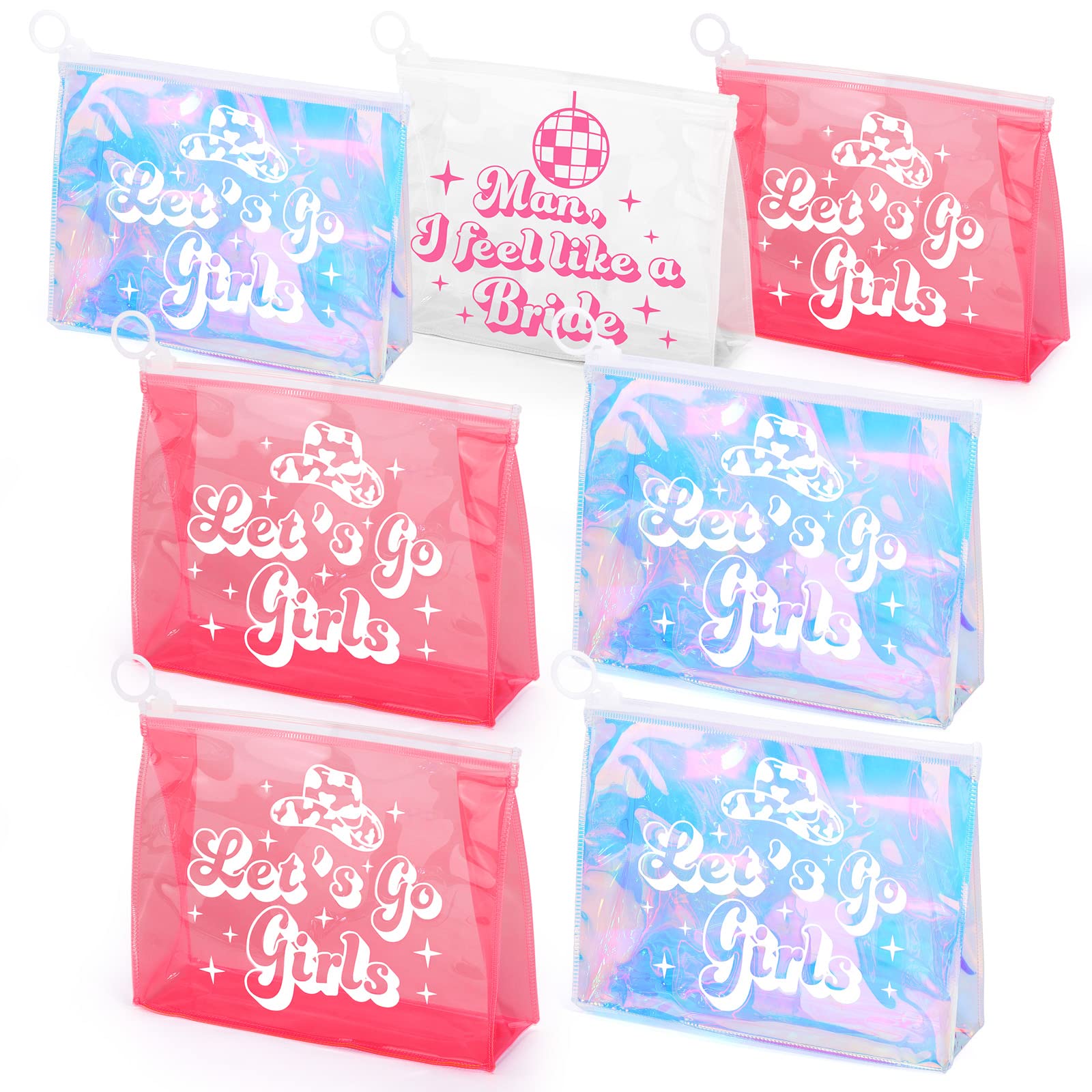 7 Pcs Let's Go Girls Bachelorette Makeup Bags Retro Disco Cowgirl Recovery Kit Bags Girls Trip Holographic Cosmetic Bags with Zipper Gift Bags for Women